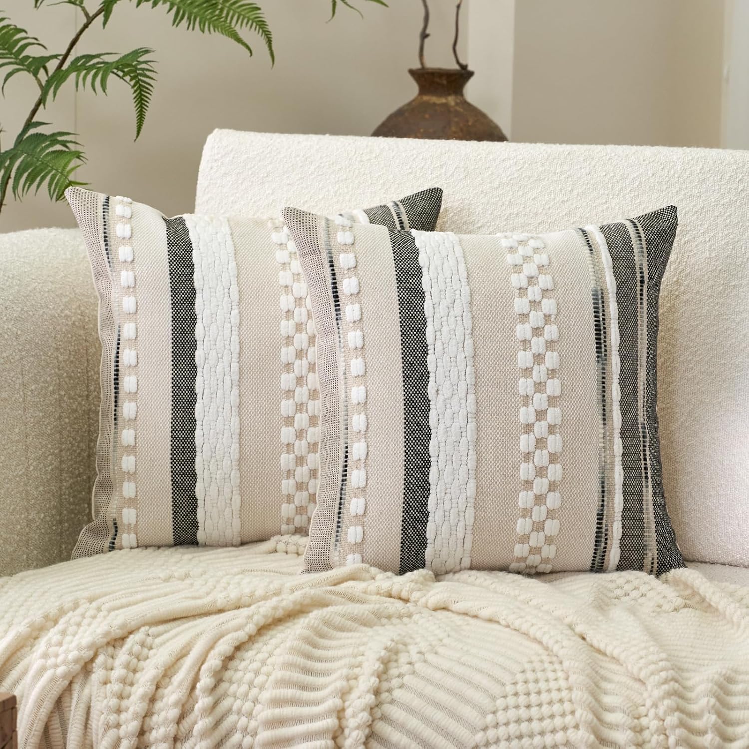 Tufted Boho Black Throw Pillow Cover — 18" — Gray