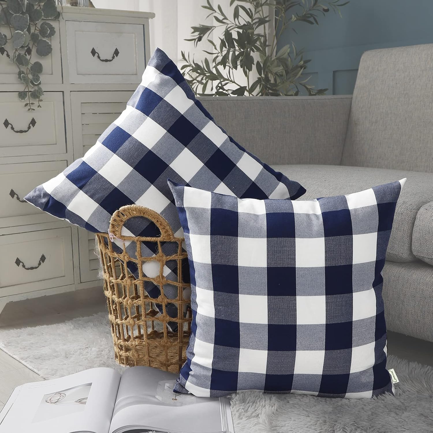 Boho Beige Throw Pillow Cover — 18" — Navy Check
