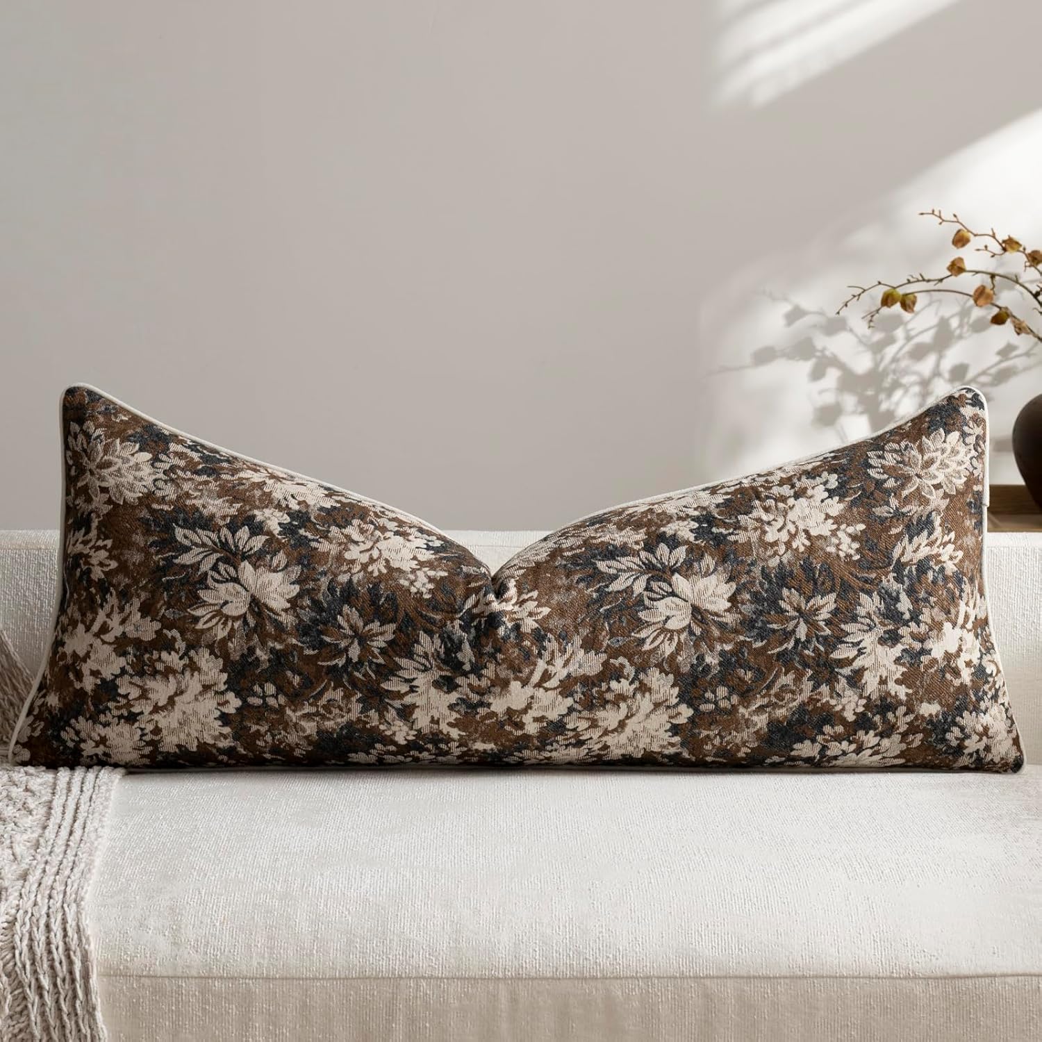 Chenille Boho Beige Pillow Cover — 20" — Dark Brown