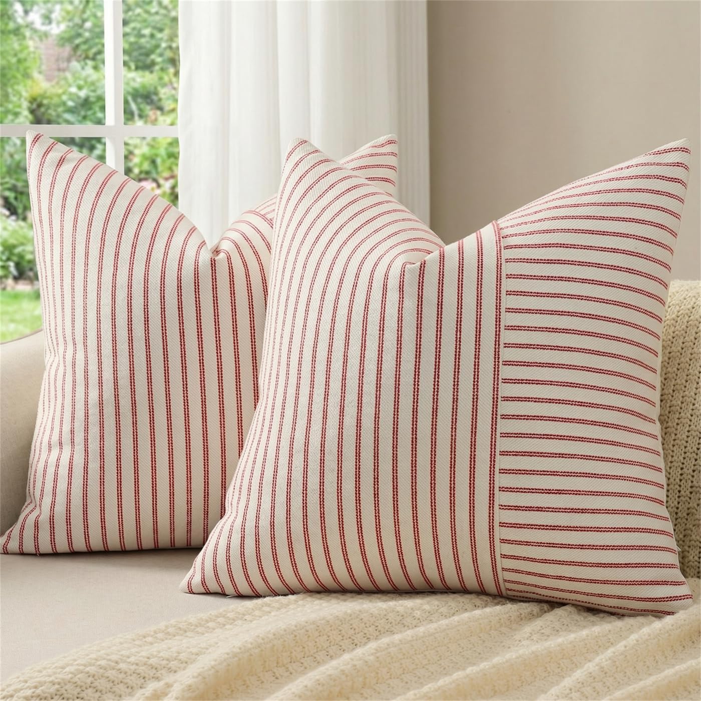 Linen Boho Beige Throw Pillow Cover — 18" — Red