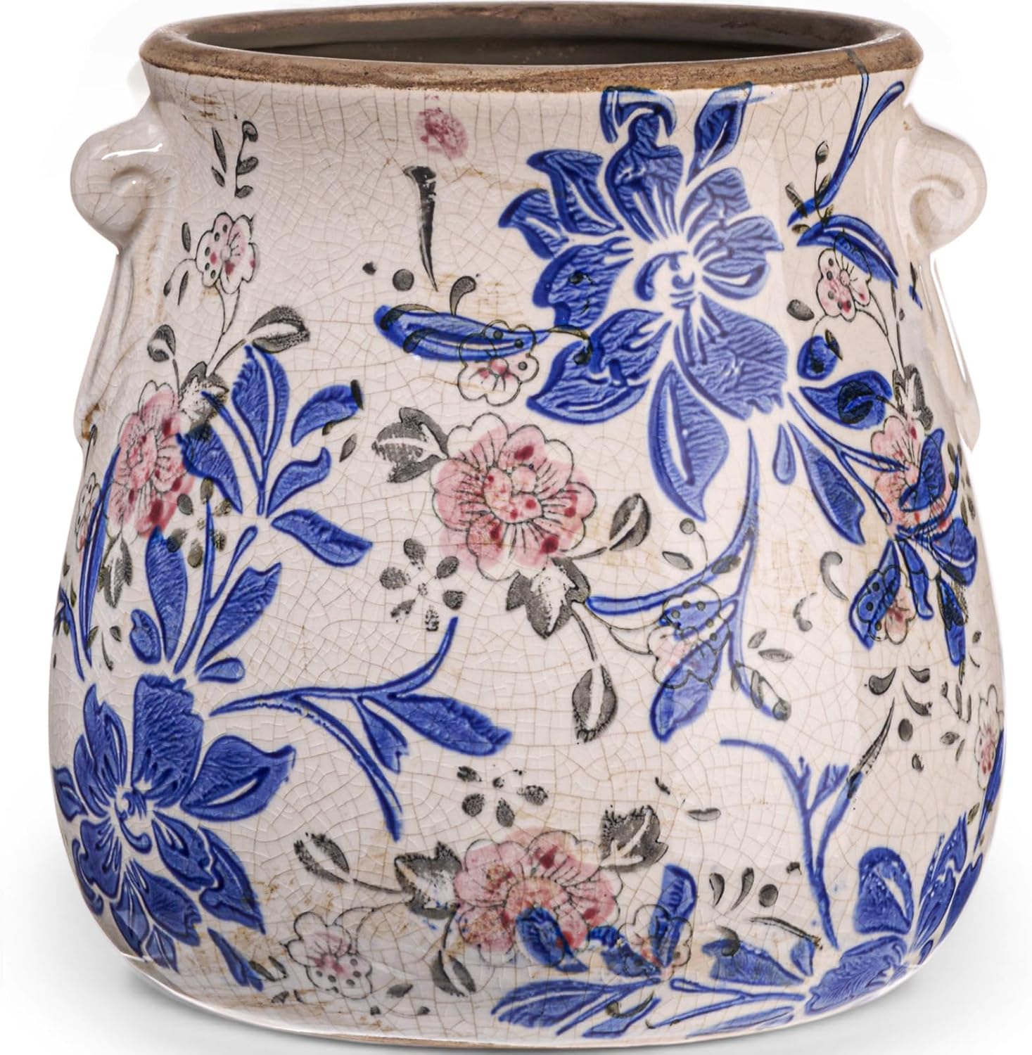 Vintage Farmhouse Ceramic Flower Vase — 5" — Blue, Red