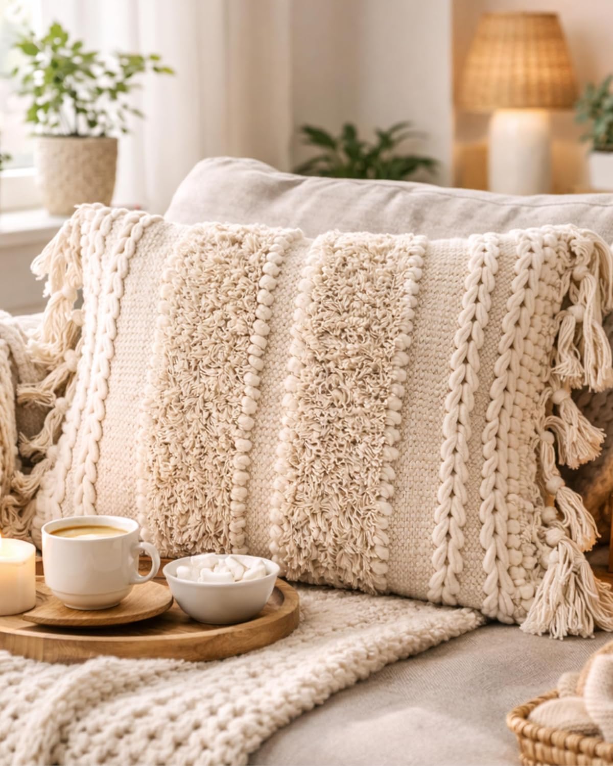 Tufted Boho Black Pillow Cover — 12x20 — Ivory - Square 18x18