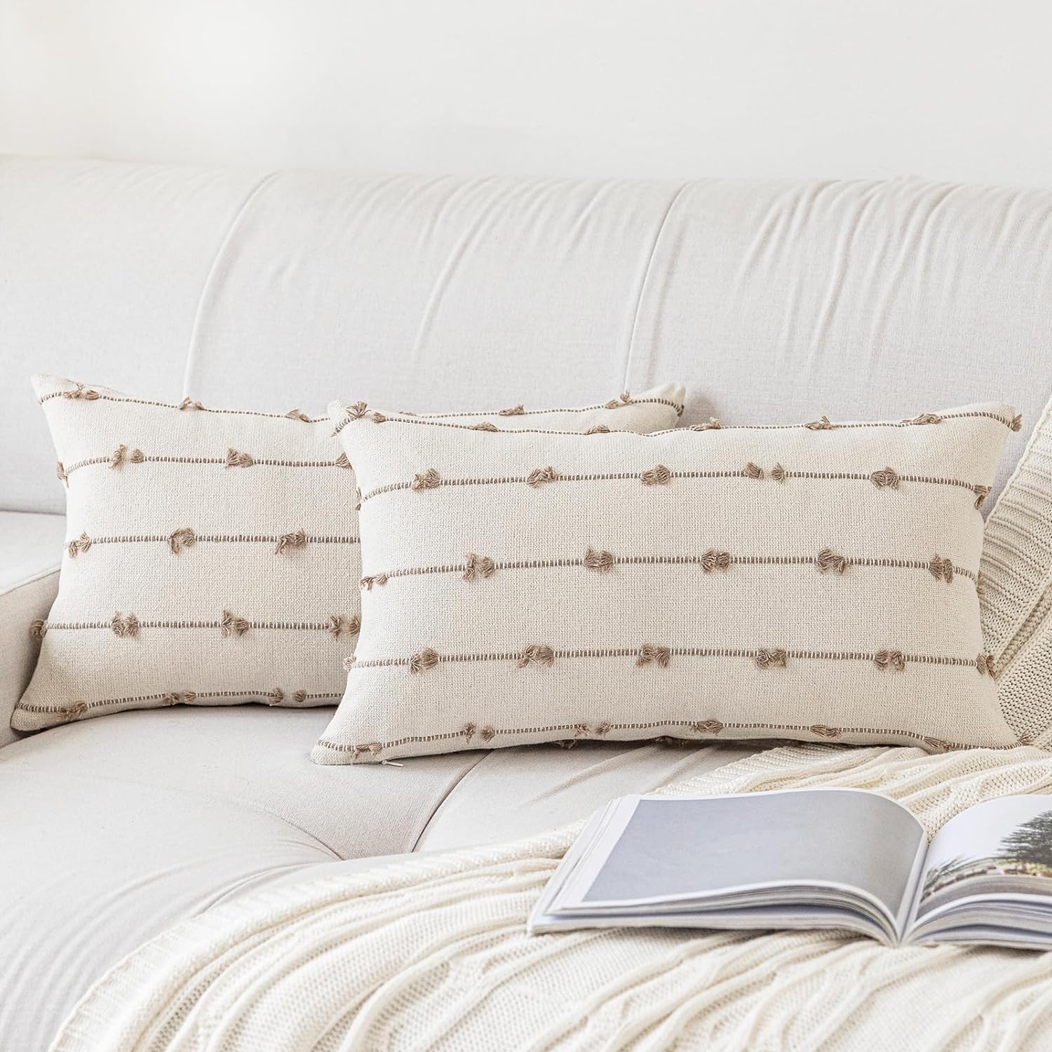 Tufted Boho Beige Throw Pillow Cover — 18" — Beige and Khaki