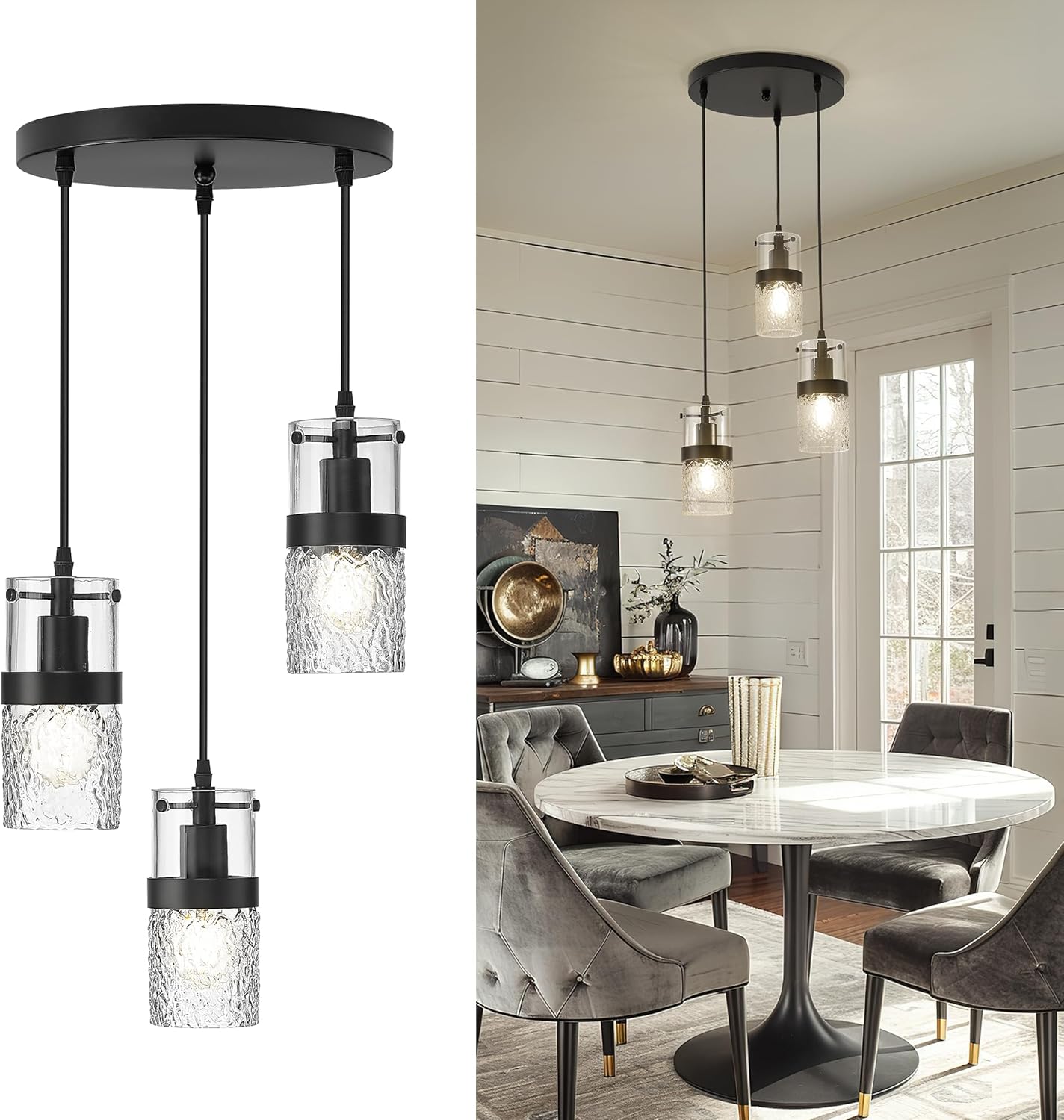 Adjustable Modern Black Pendant Light — 3.5" — Black -Hammered Glass