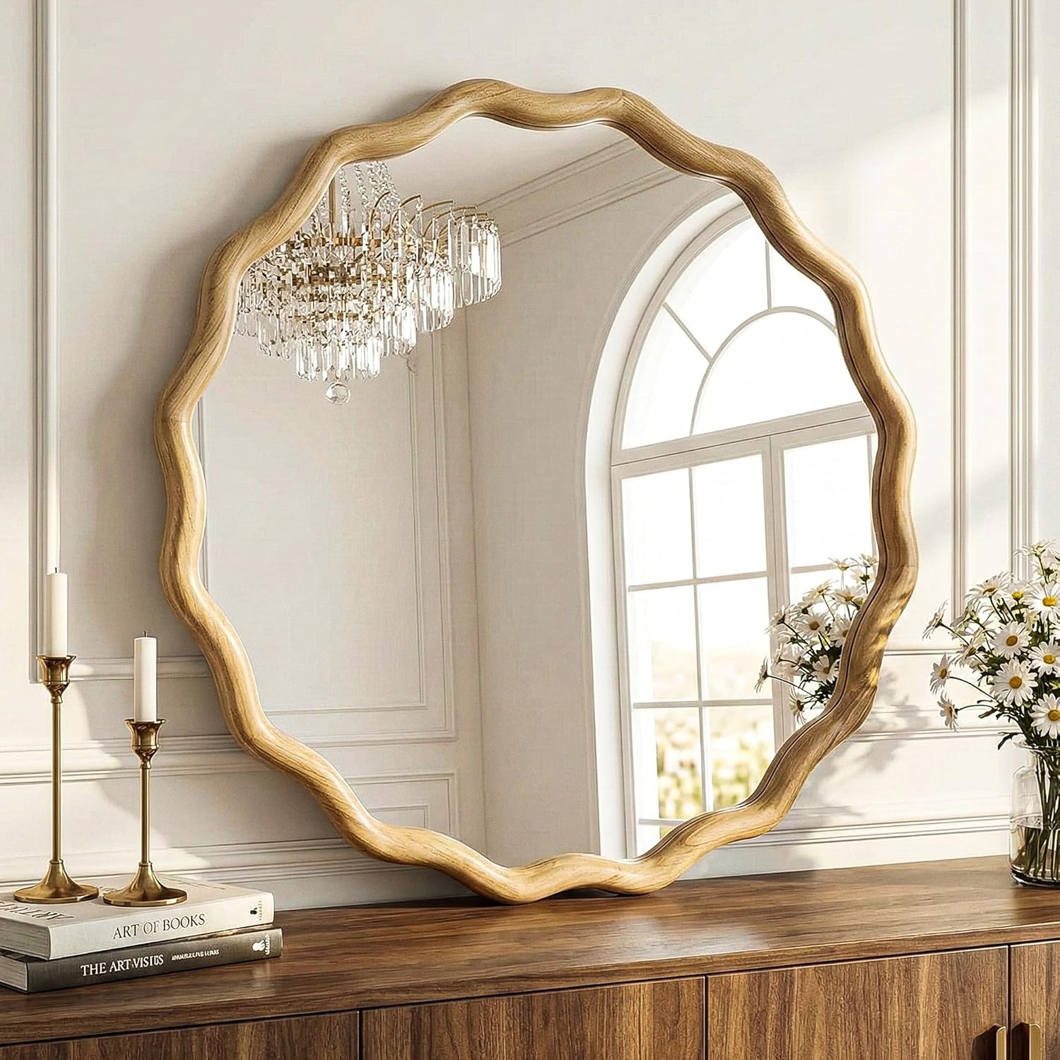 Round Boho Beige Vanity Mirror — 28" - View 5