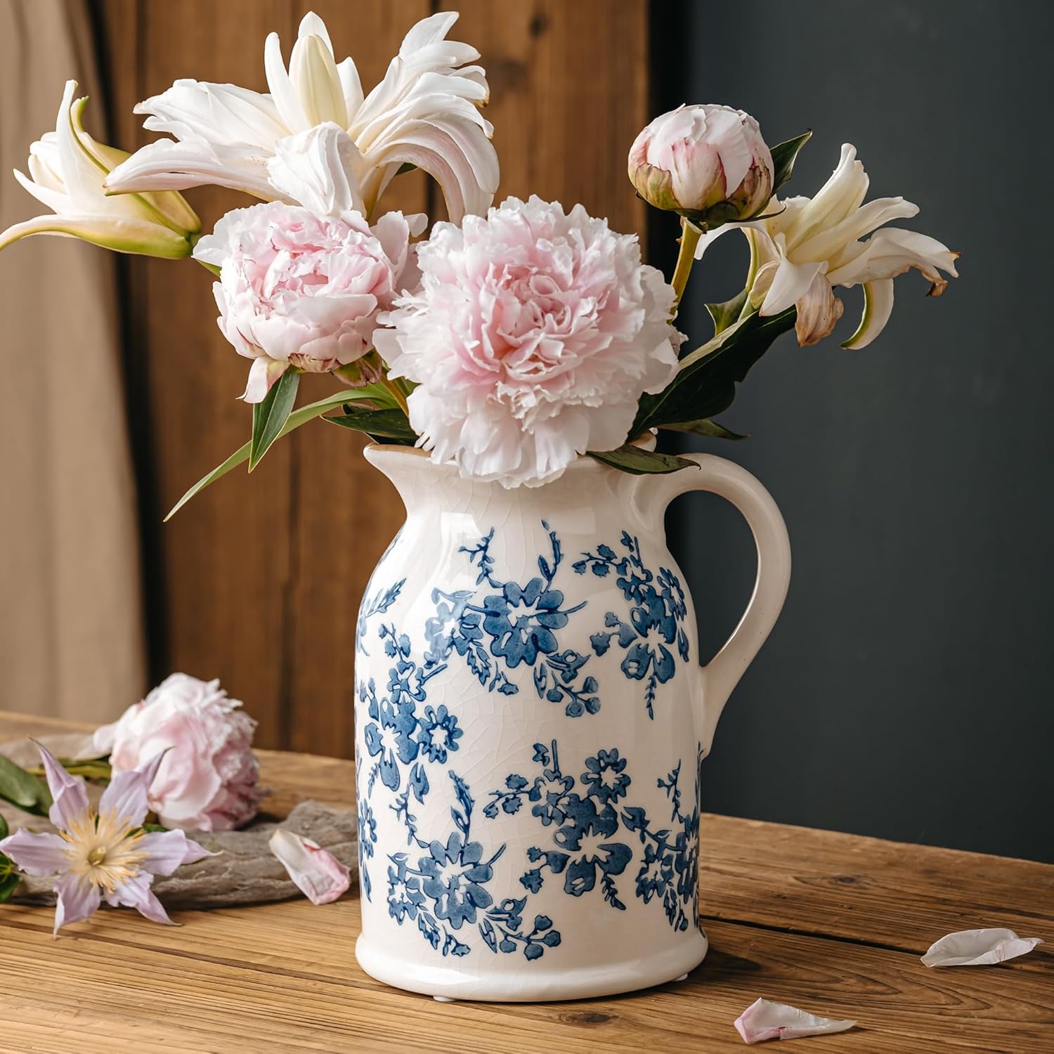 Round Farmhouse Blue Flower Vase — 8" — Blue & White