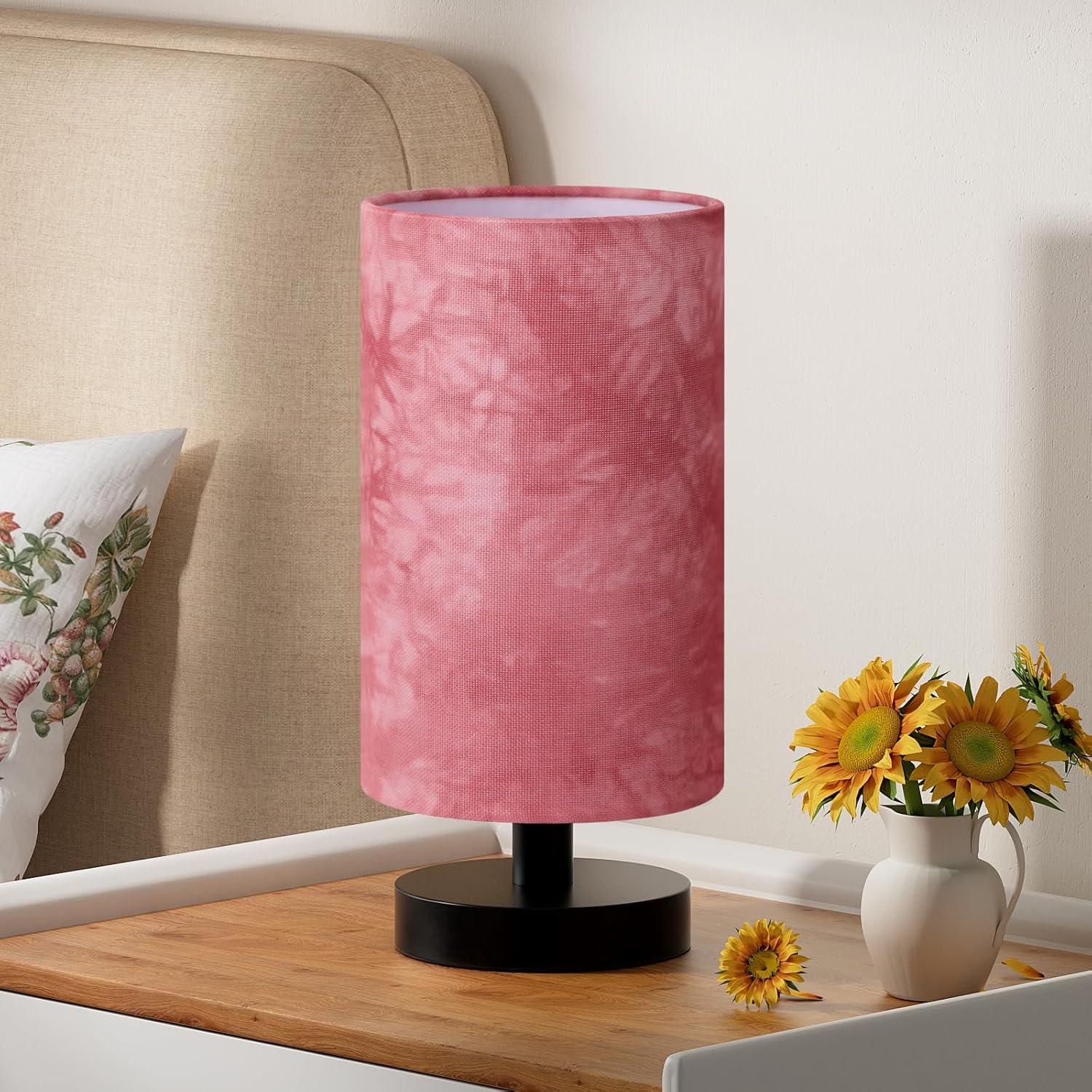 Beige Bedside Lamp — 9" — Pink Shade - Black Base