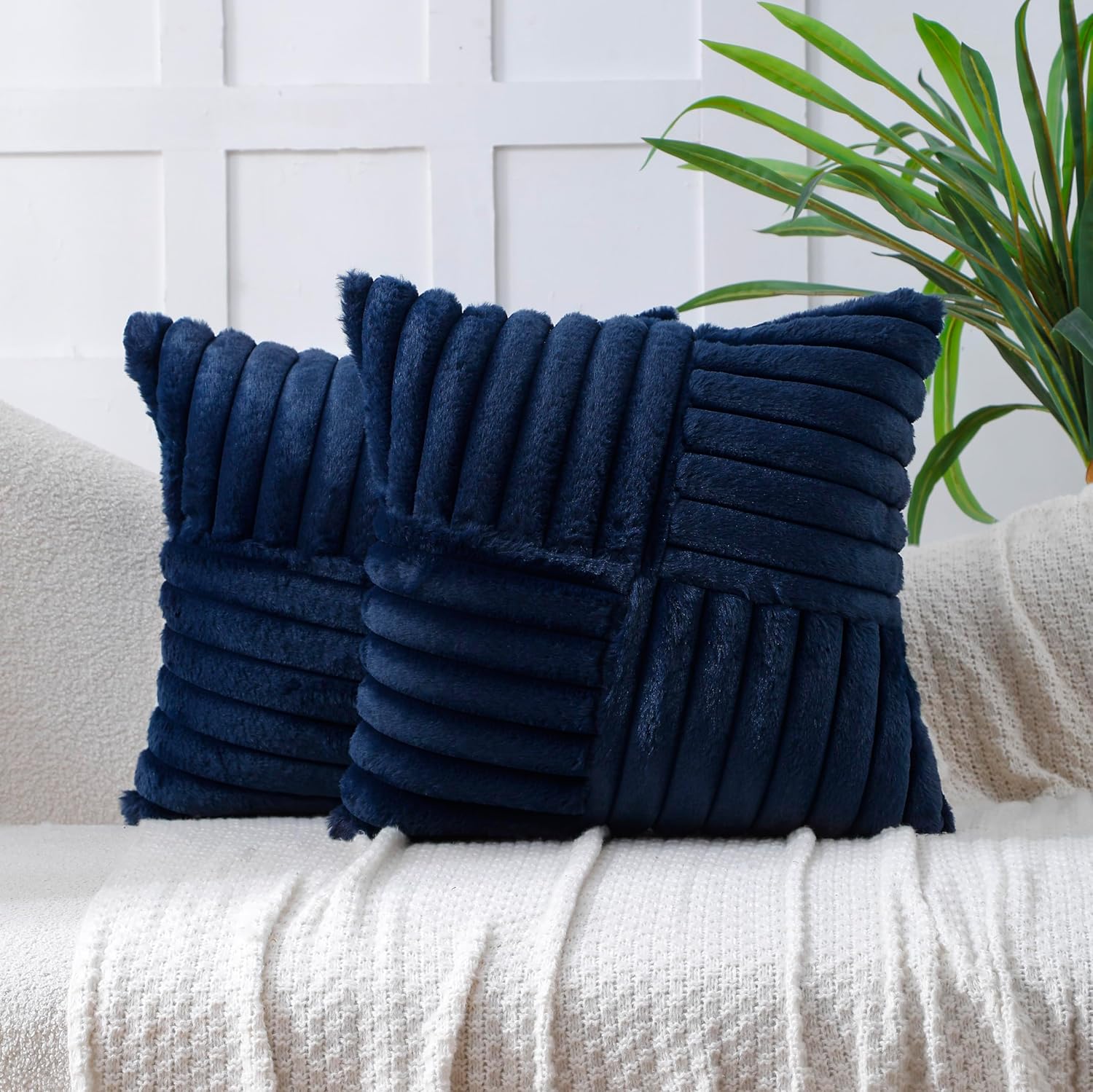 Velvet Boho Beige Throw Pillow Cover — 18" — Navy
