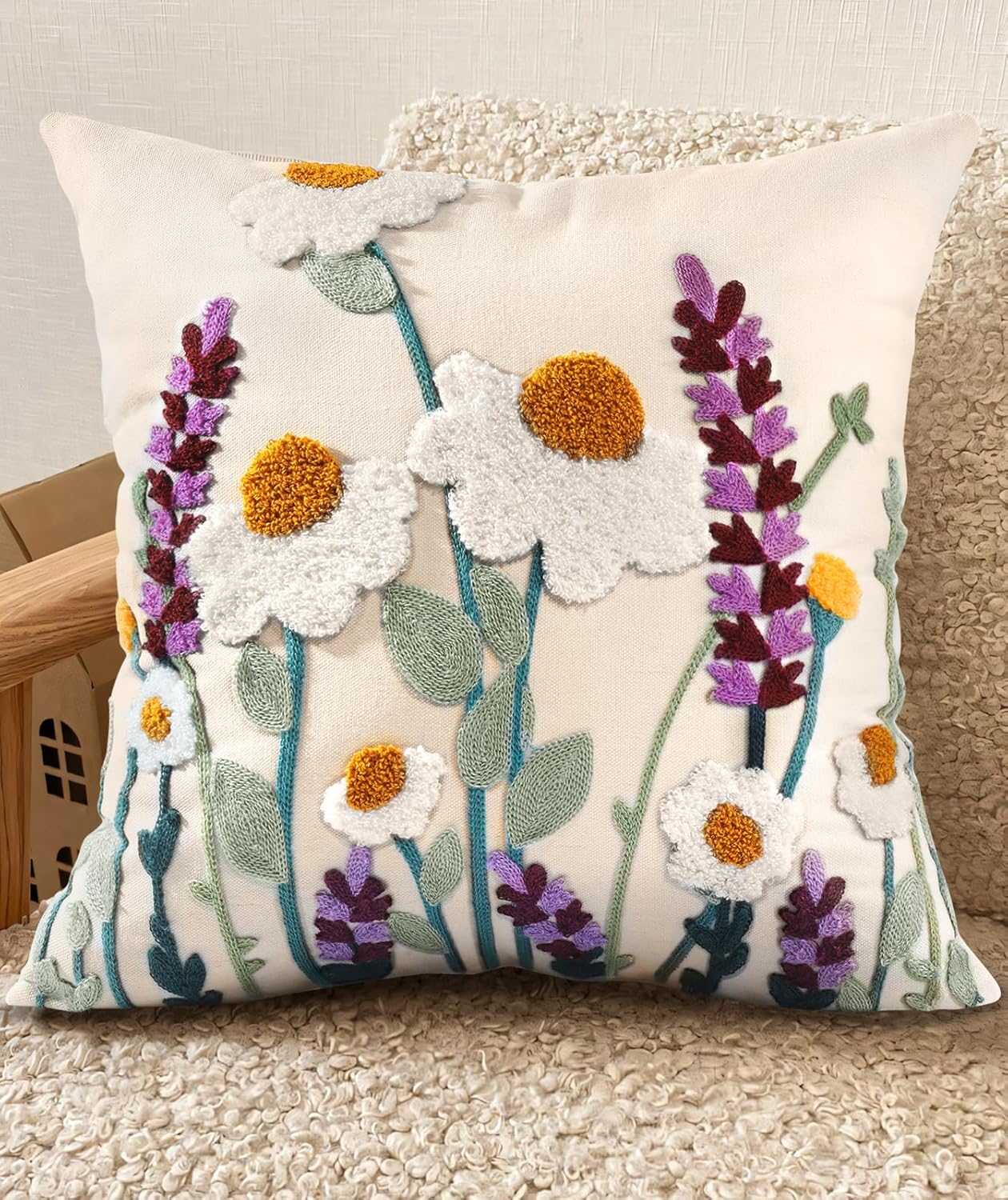 Embroidered Boho Yellow Throw Pillow Cover — 18" — Wild Floral