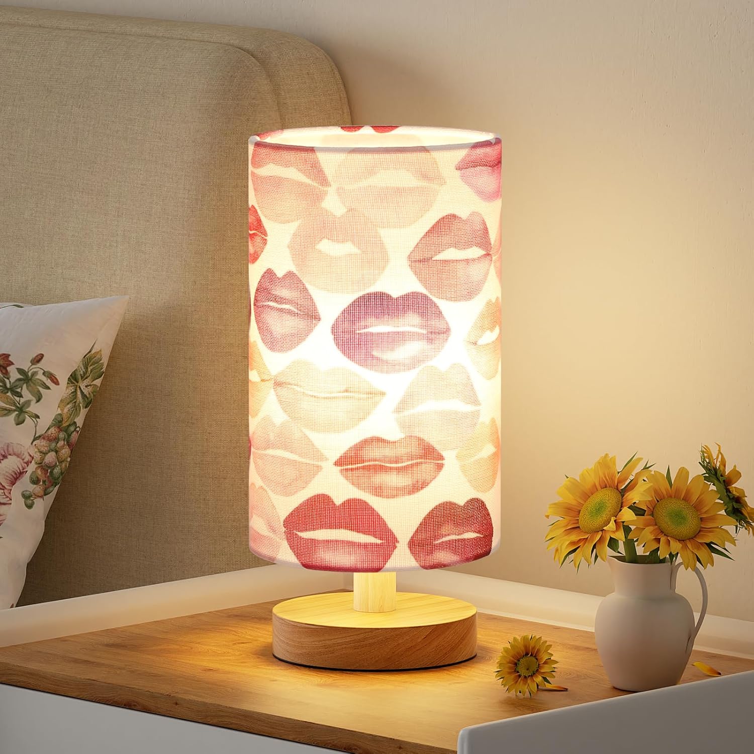 Beige Bedside Lamp — 9" — Lips White Shade