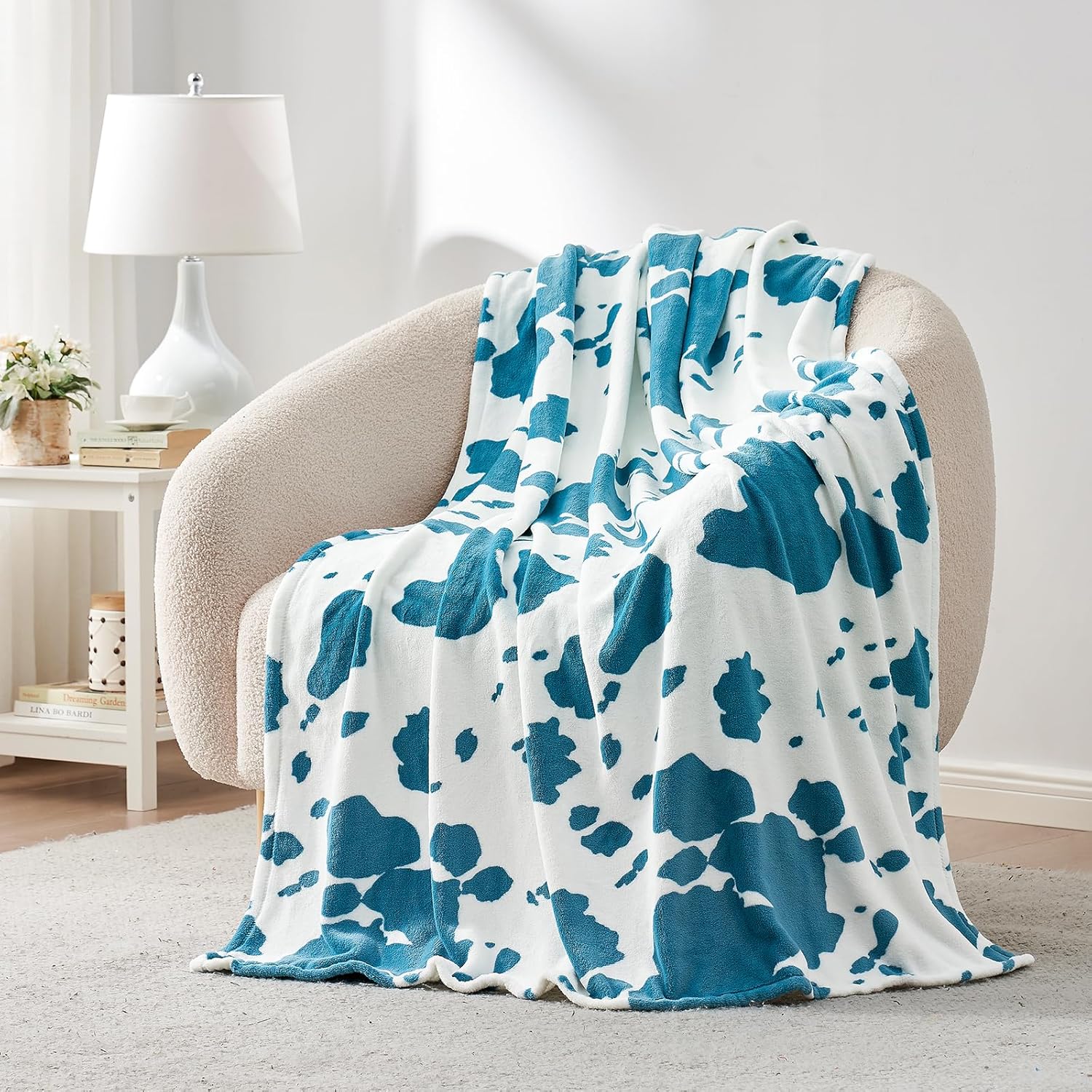 Beige Throw Pillow — 50" — Teal Blue Cow