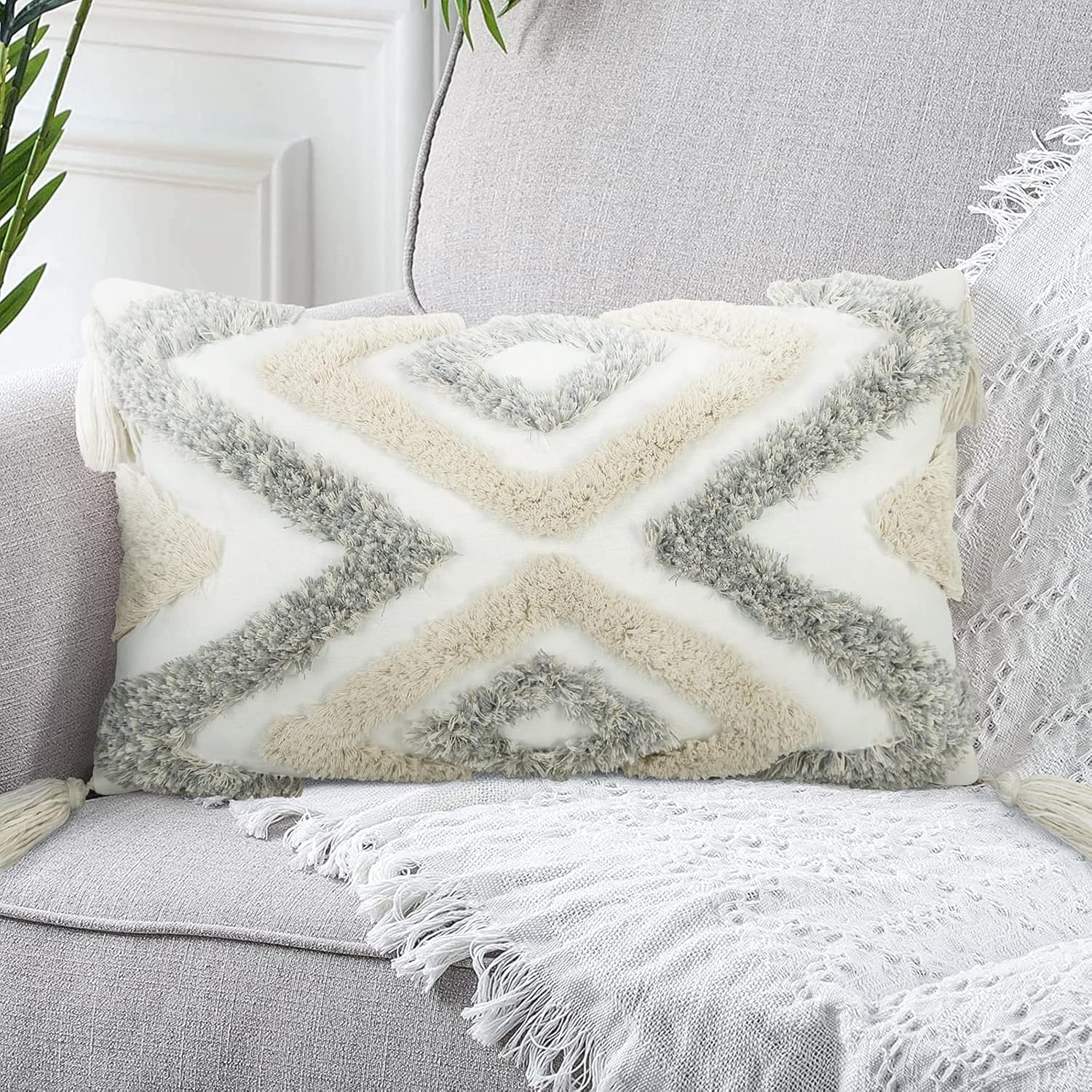 Tufted Boho Blue Pillow Cover — 18" — Grey and White 1