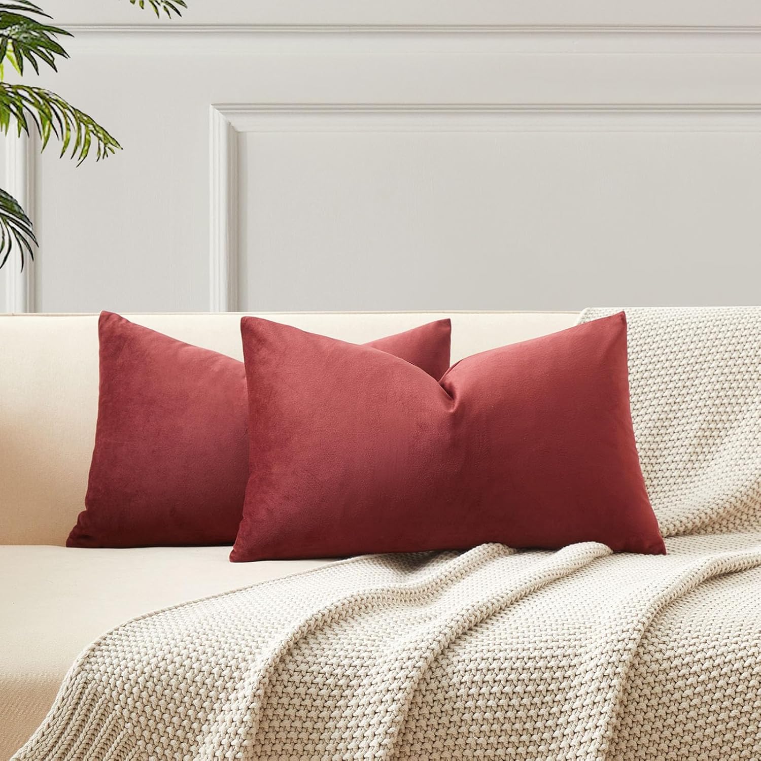 Velvet Luxe Beige Throw Pillow Cover — 20" — Dark Red