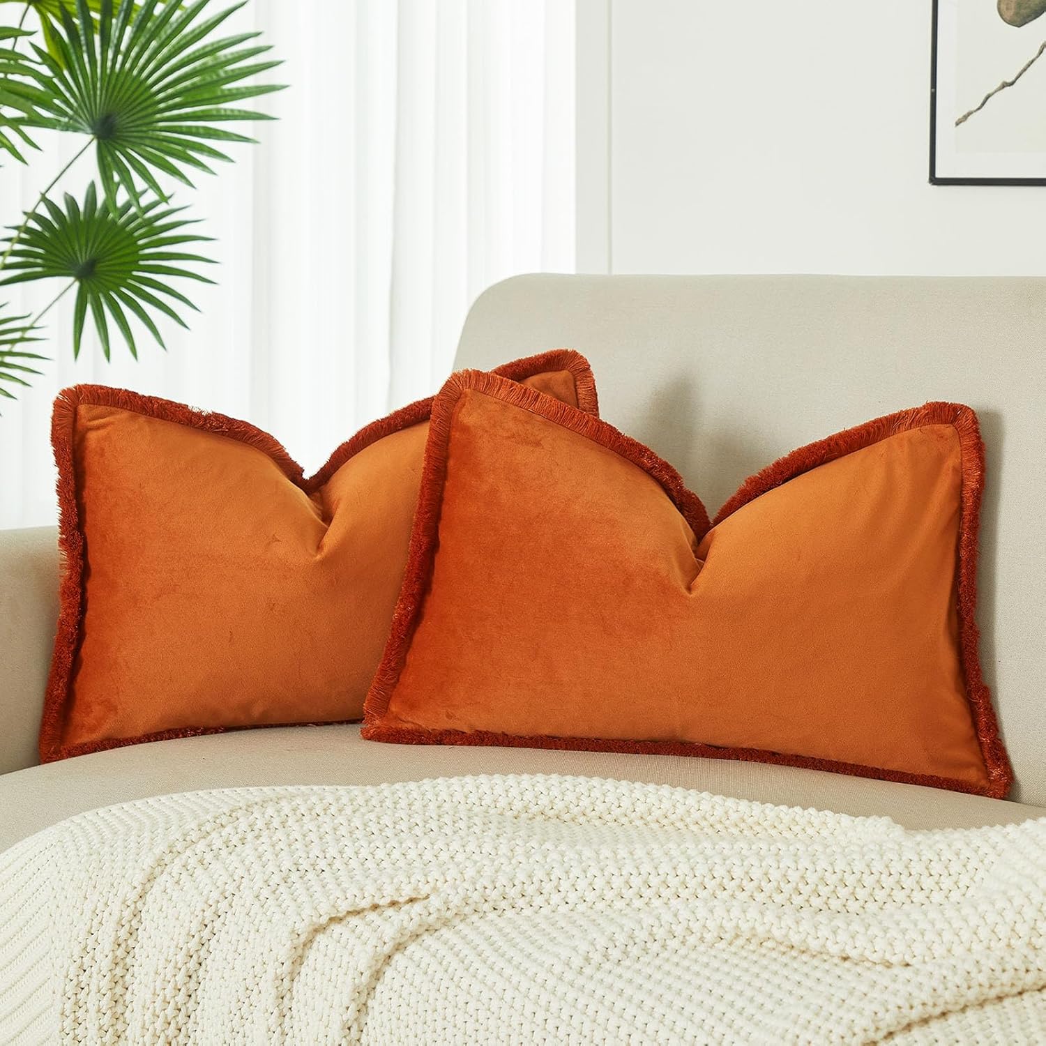 Velvet Boho Beige Throw Pillow Cover — 26" — Rust