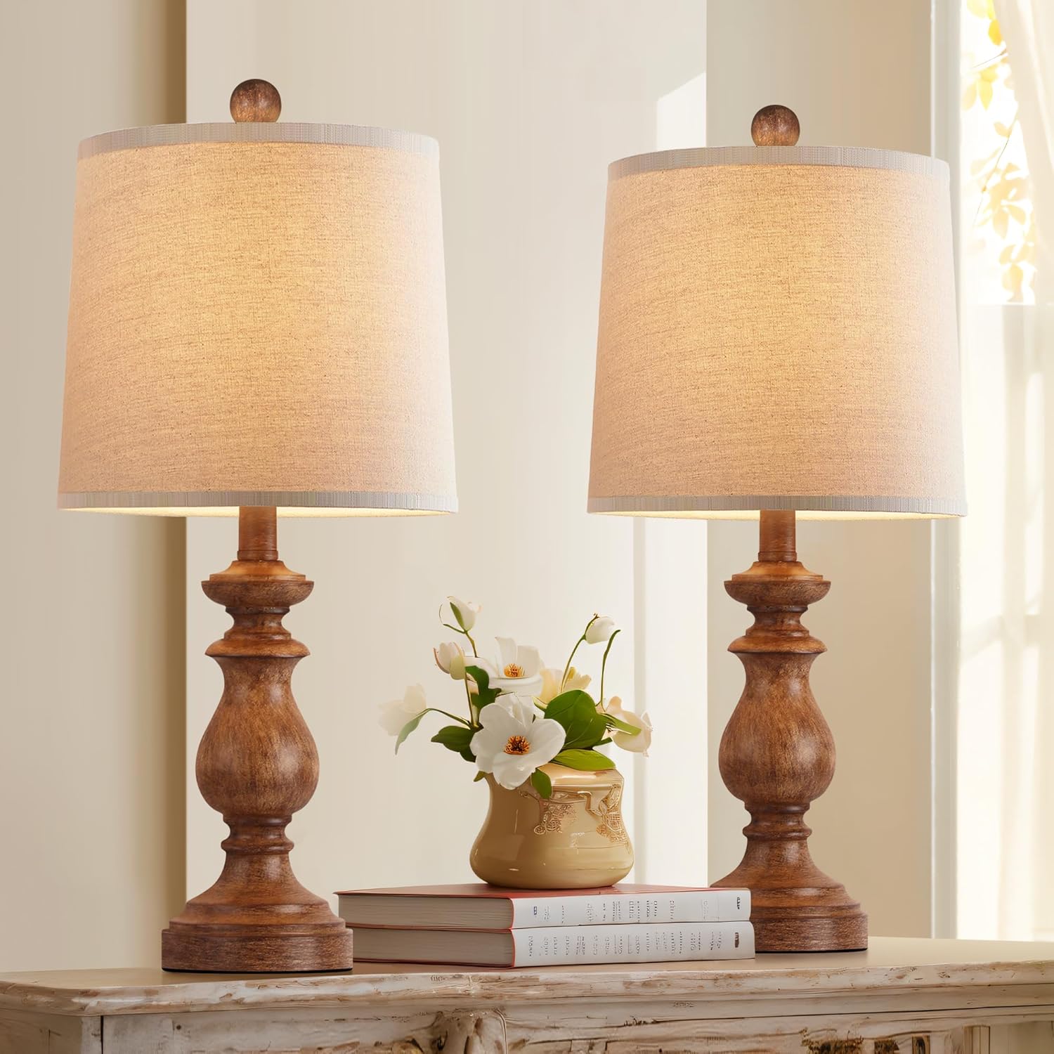 Linen Farmhouse Black Desk Lamp — 22" — Wood Grain