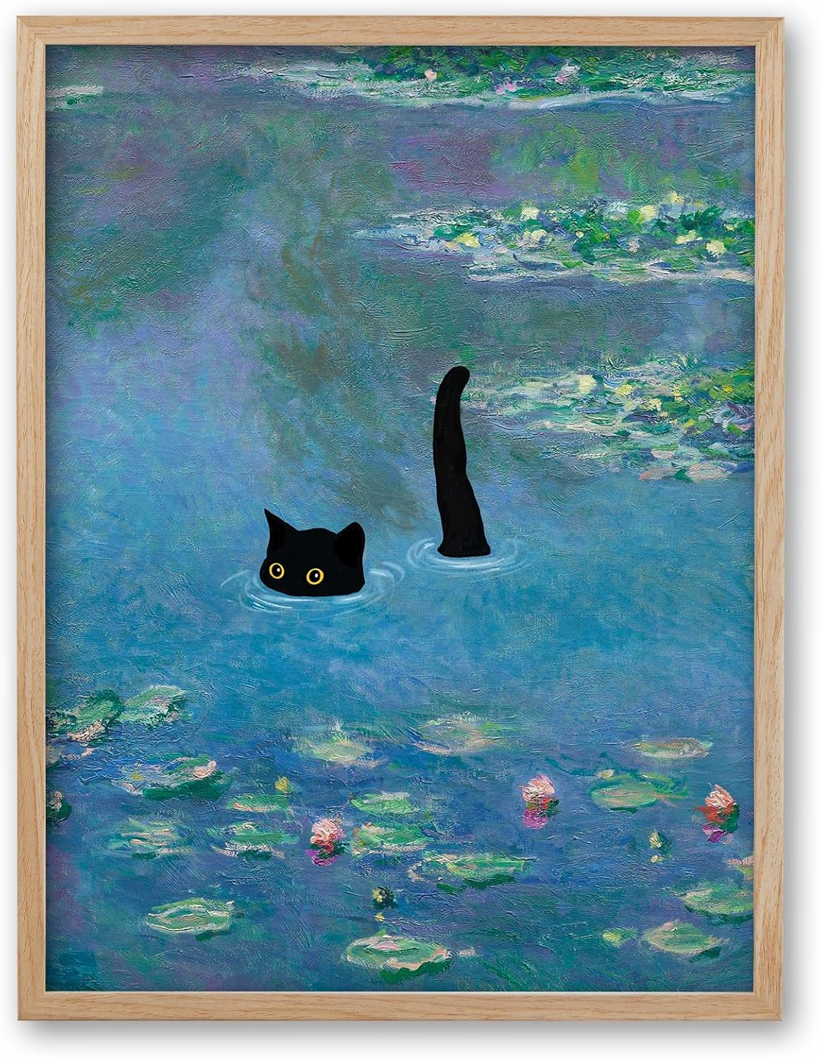 Vintage Black Framed Wall Art — 16" — Oak Wood Framed Monet Cat