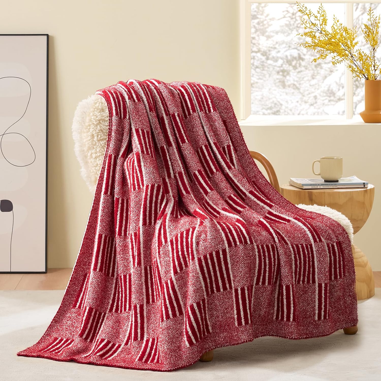 Knit Beige Throw Pillow — 50" — Heather Red