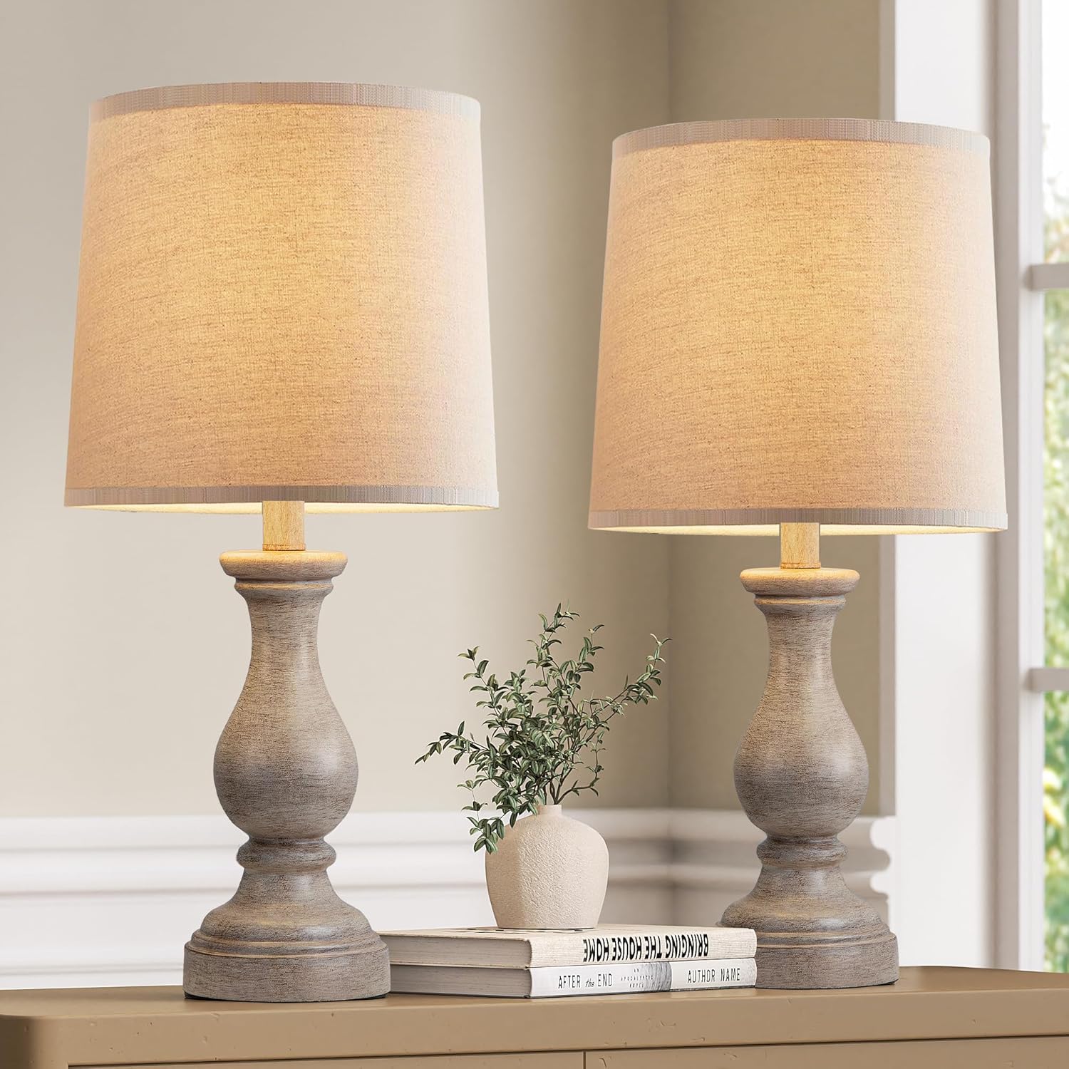 Linen Boho Black Bedside Lamp — 22" — F. Wood Painted