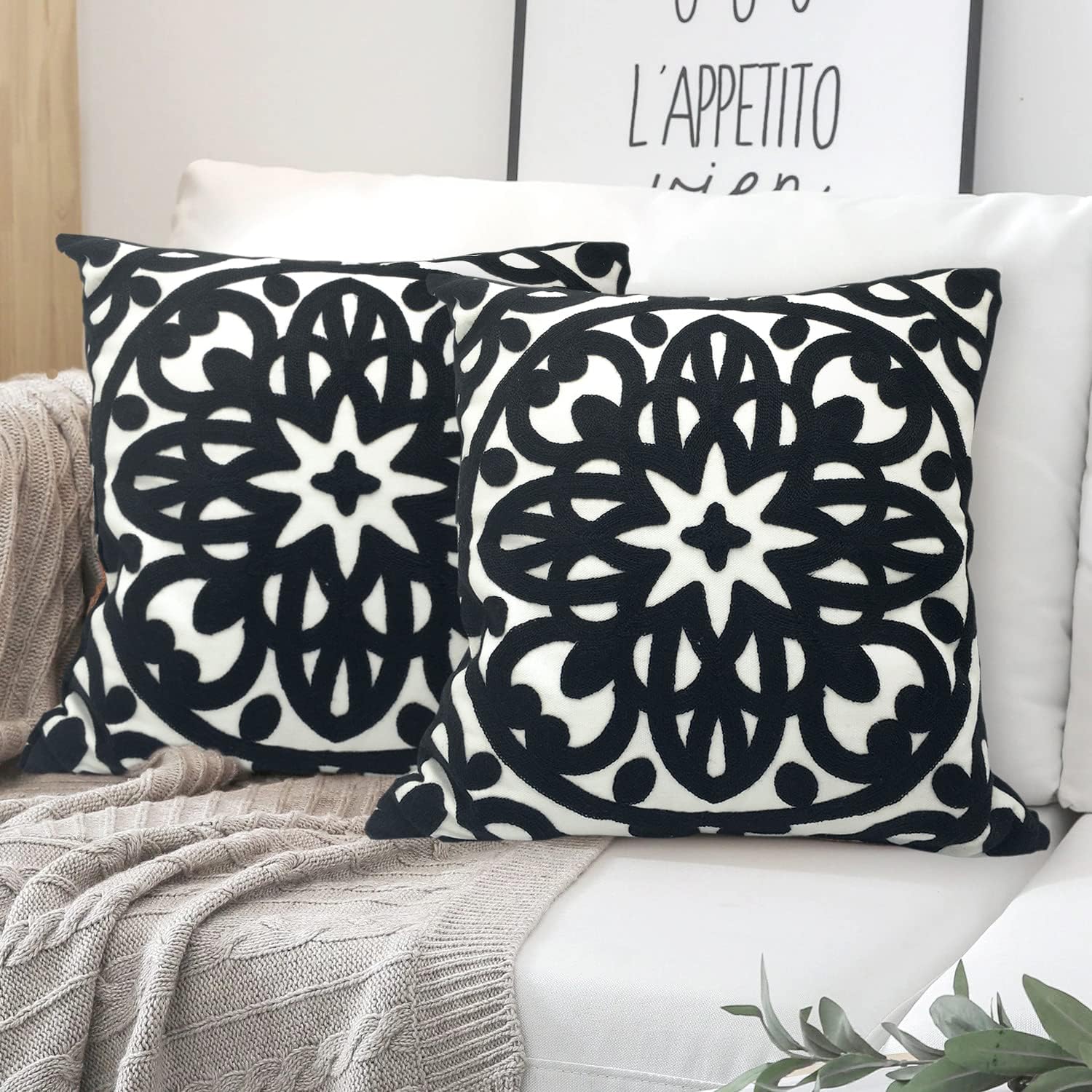 Embroidered Boho Beige Throw Pillow Cover — 12" — Black