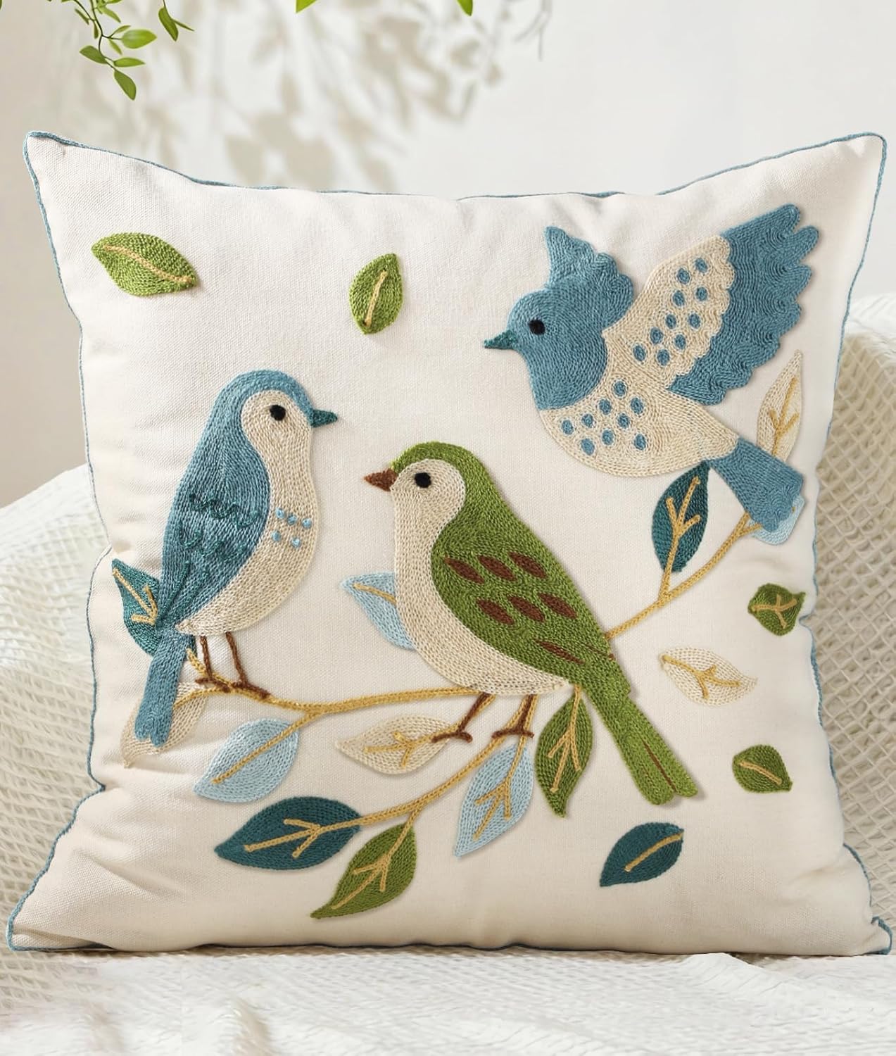 Embroidered Boho Fabric Throw Pillow Cover — 18" — Floral Birds