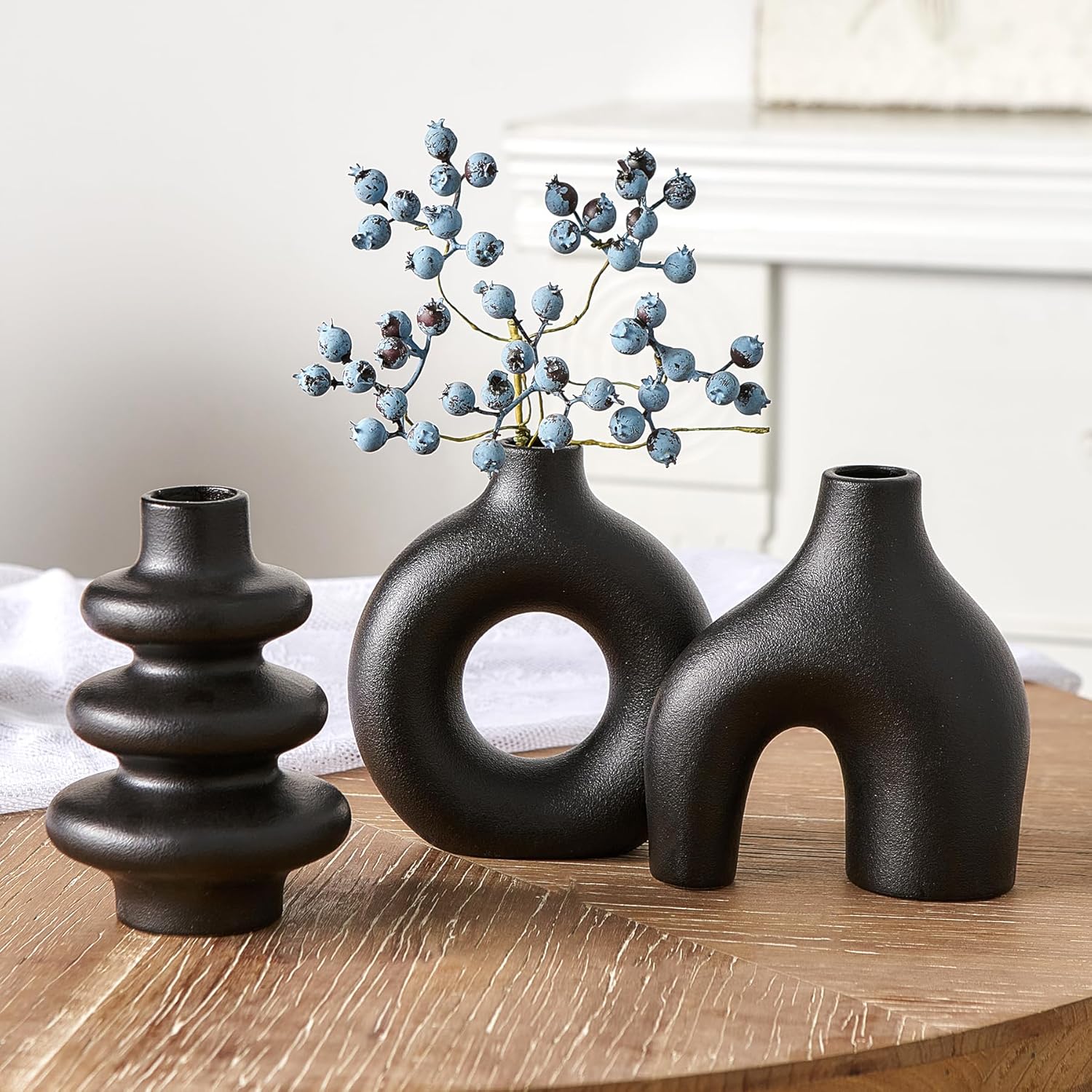 Round Boho Black Flower Vase — Set of 3 — Black