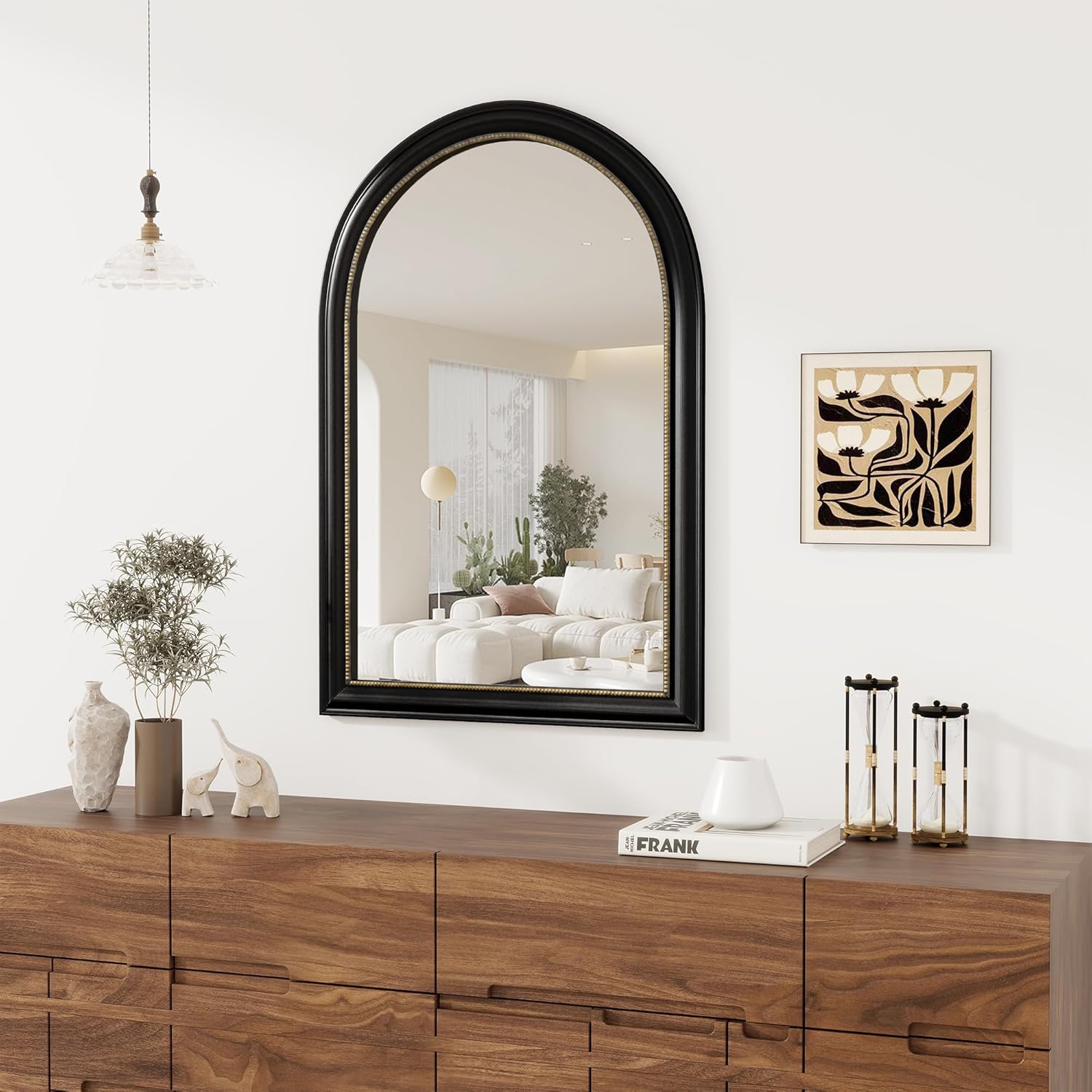 Rectangular Beige Wall Mirror — 36" — Arched - Black