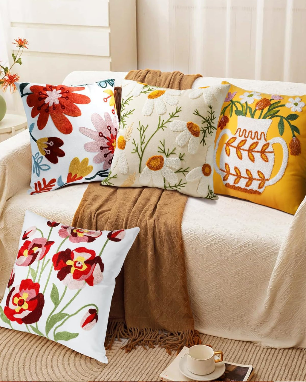 Embroidered Boho Beige Throw Pillow Cover — 18" - View 6