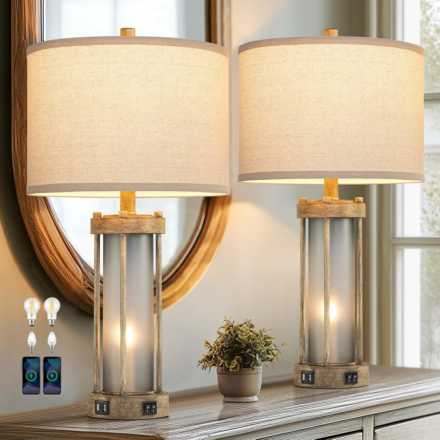 USB Charging Farmhouse Black Desk Lamp — Earthy Gray