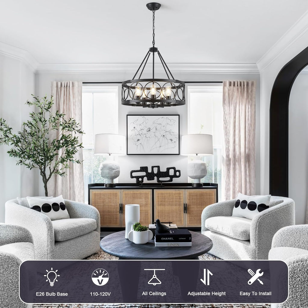 Round Farmhouse Black Chandelier — 5-Light - View 6