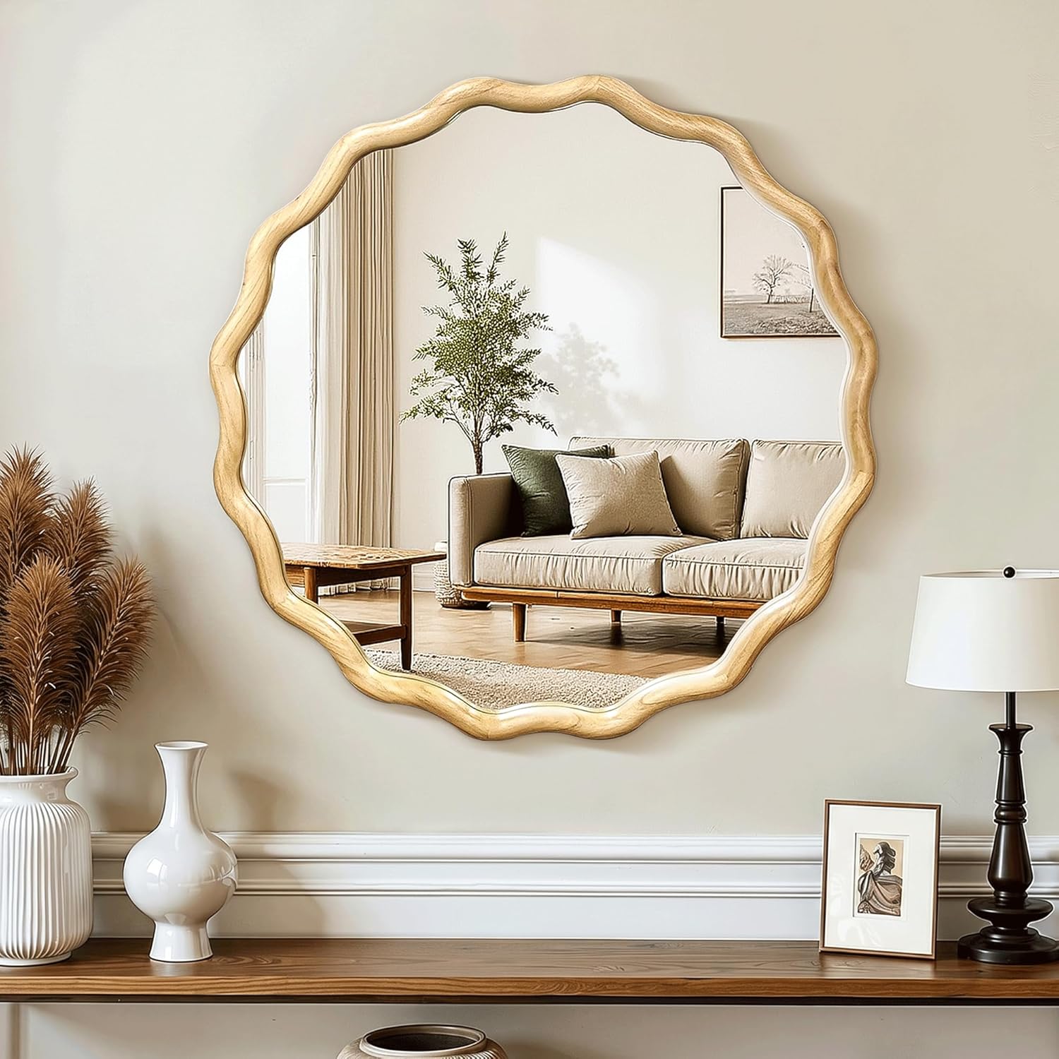 Round Farmhouse Beige Mirror — 24" — Natural Wood