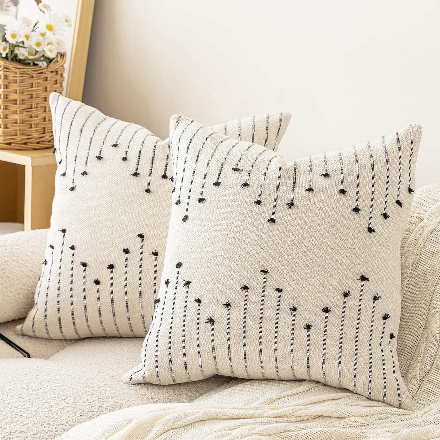 Boho Beige Throw Pillow Cover — 18" — Beige and Black