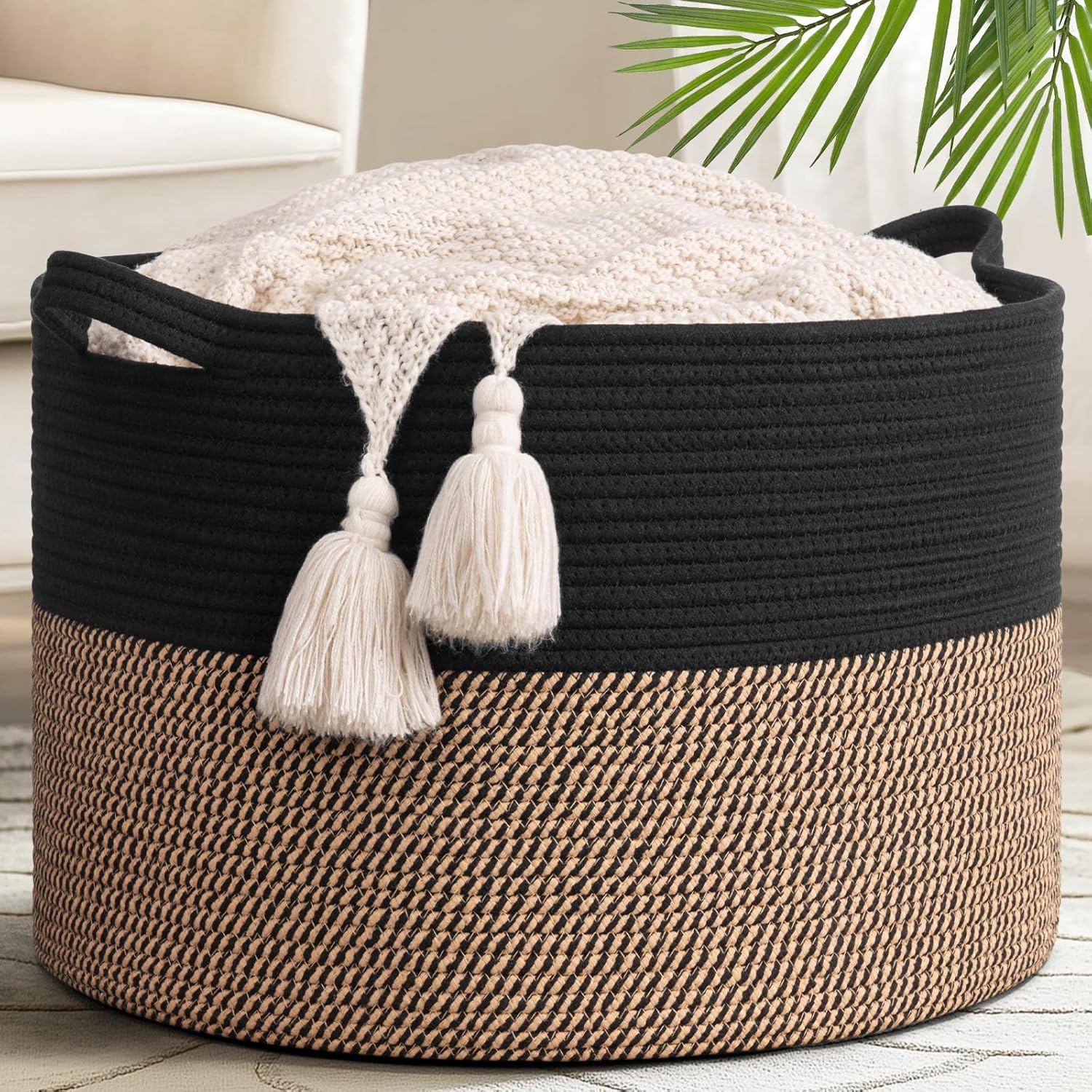 Round Boho Black Throw Pillow — 8" — Black & Mix Jute