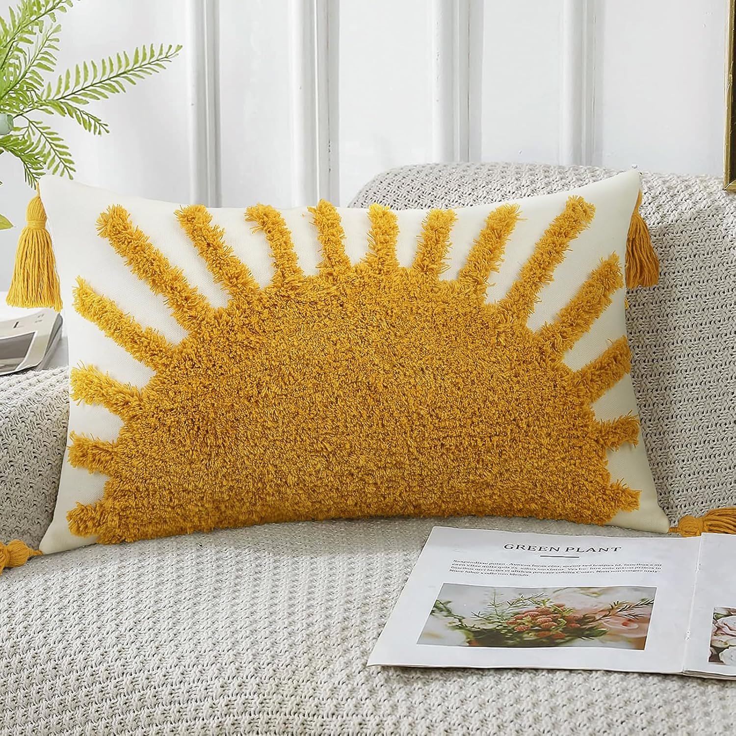 Tufted Boho Beige Throw Pillow Cover — 20" — Yellow and White
