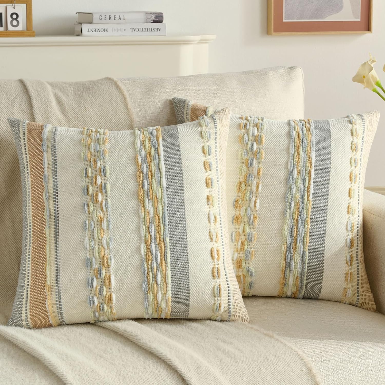 Tufted Boho Beige Throw Pillow Cover — 18" — Blue Light Green Khaki