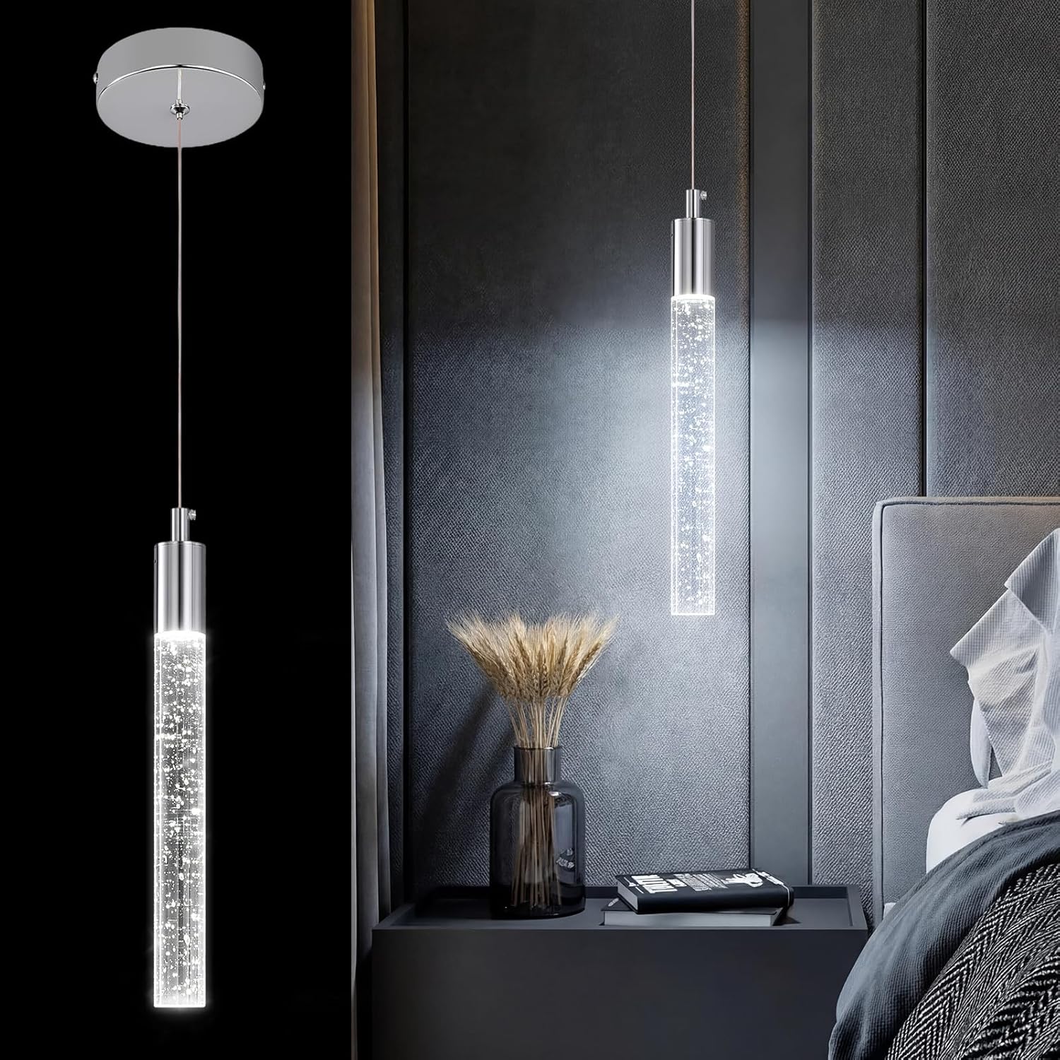 Dimmable Luxe Black Pendant Light — 2-Light — Chrome