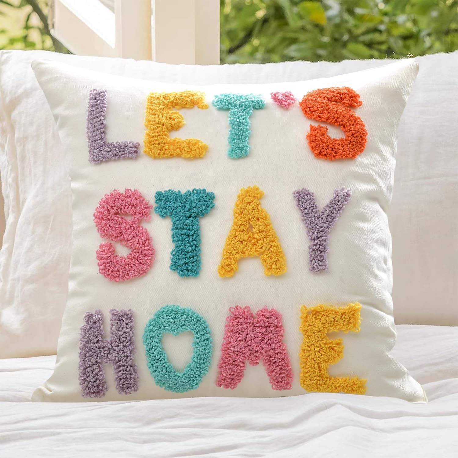 Tufted Boho Beige Throw Pillow Cover — 18" — Let's Stay Home Bright