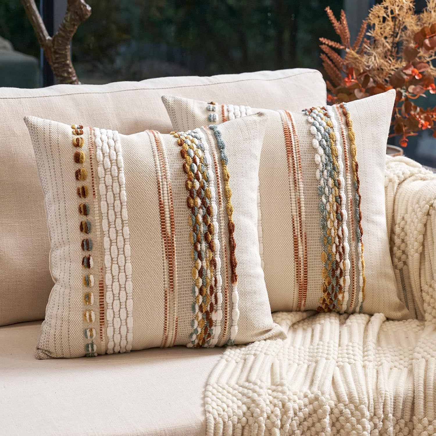 Tufted Boho Black Throw Pillow Cover — 18" — Orange White