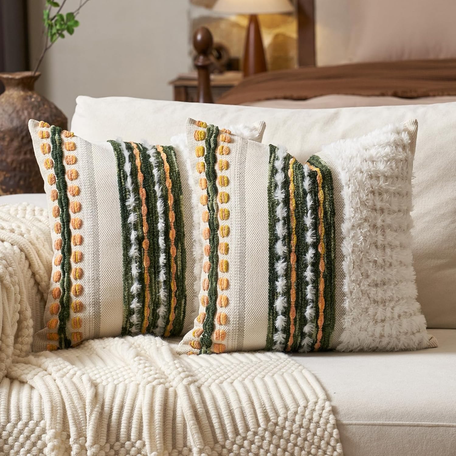 Tufted Boho Blue Throw Pillow Cover — 18" — Green White