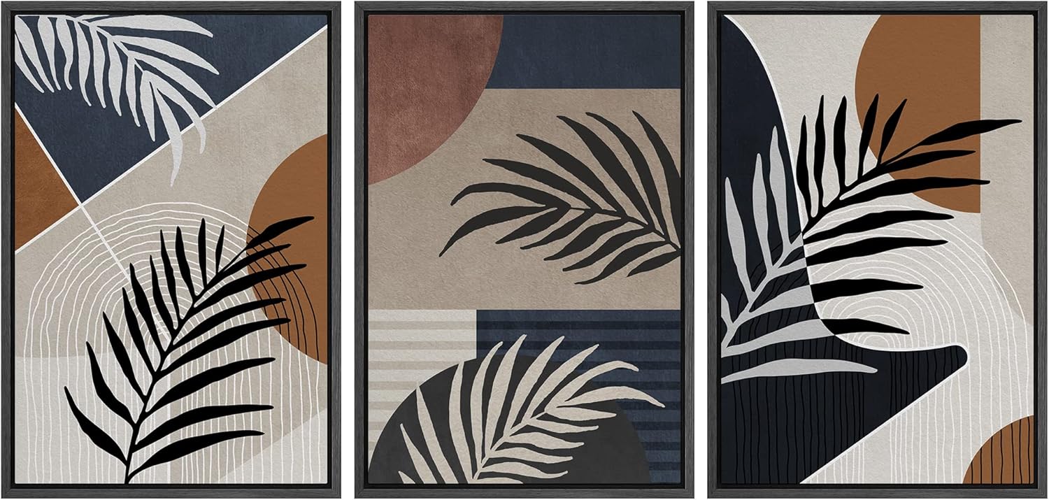 Framed Mid-Century Fabric Wall Art — 24" — 24" x 36" x 3 Panels BLACK