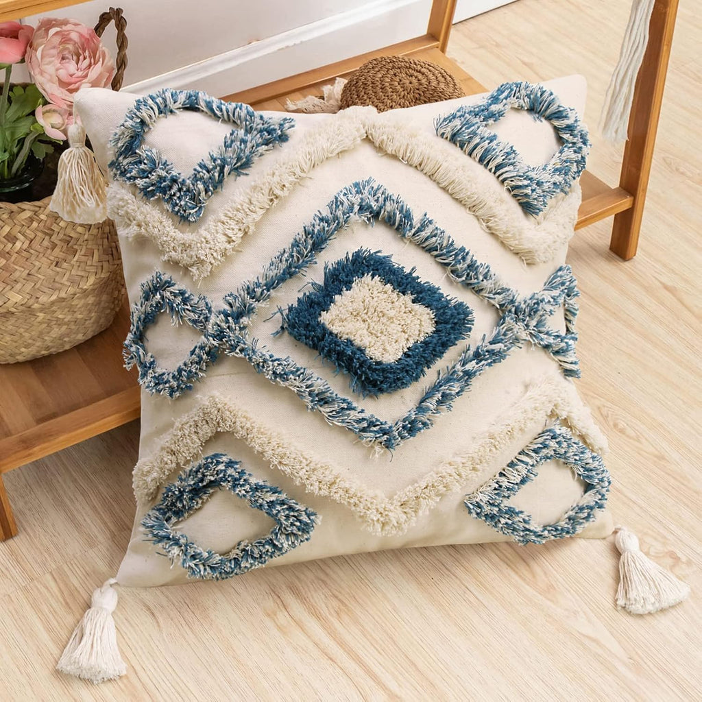 Tufted Boho Blue Throw Pillow Cover — 18" - View 3