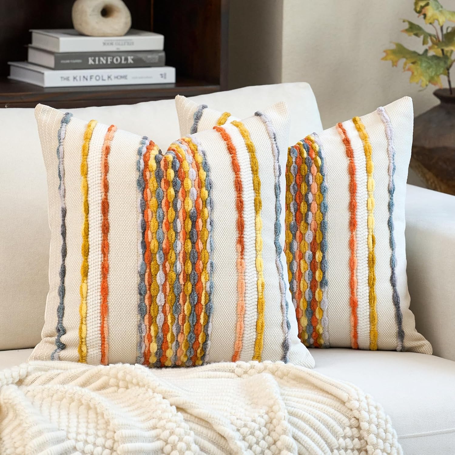 Tufted Boho Blue Throw Pillow Cover — 18" — Yellow Orange
