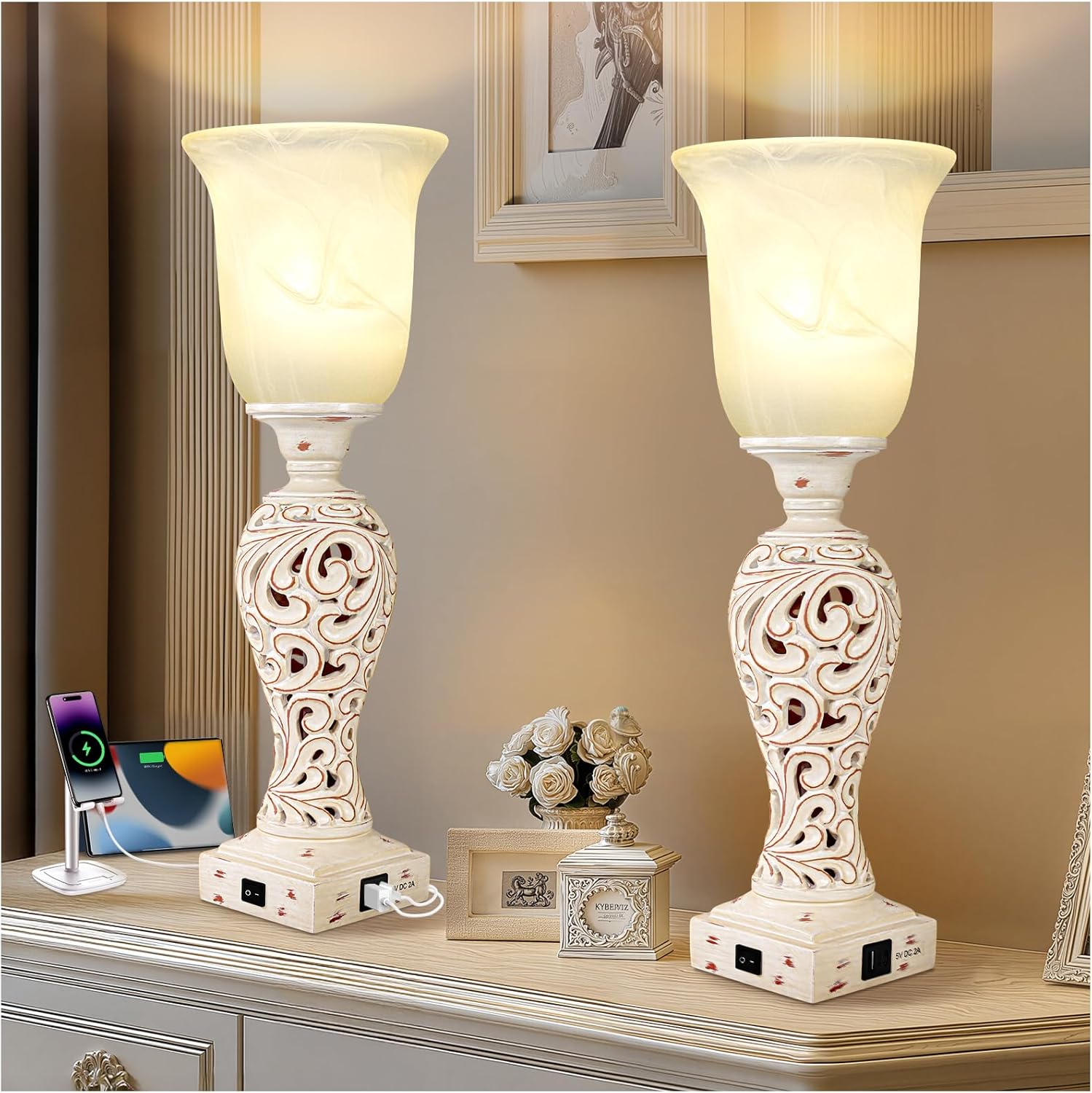 Dimmable Farmhouse Beige Bedside Lamp — 20" — Cream-Set of 2