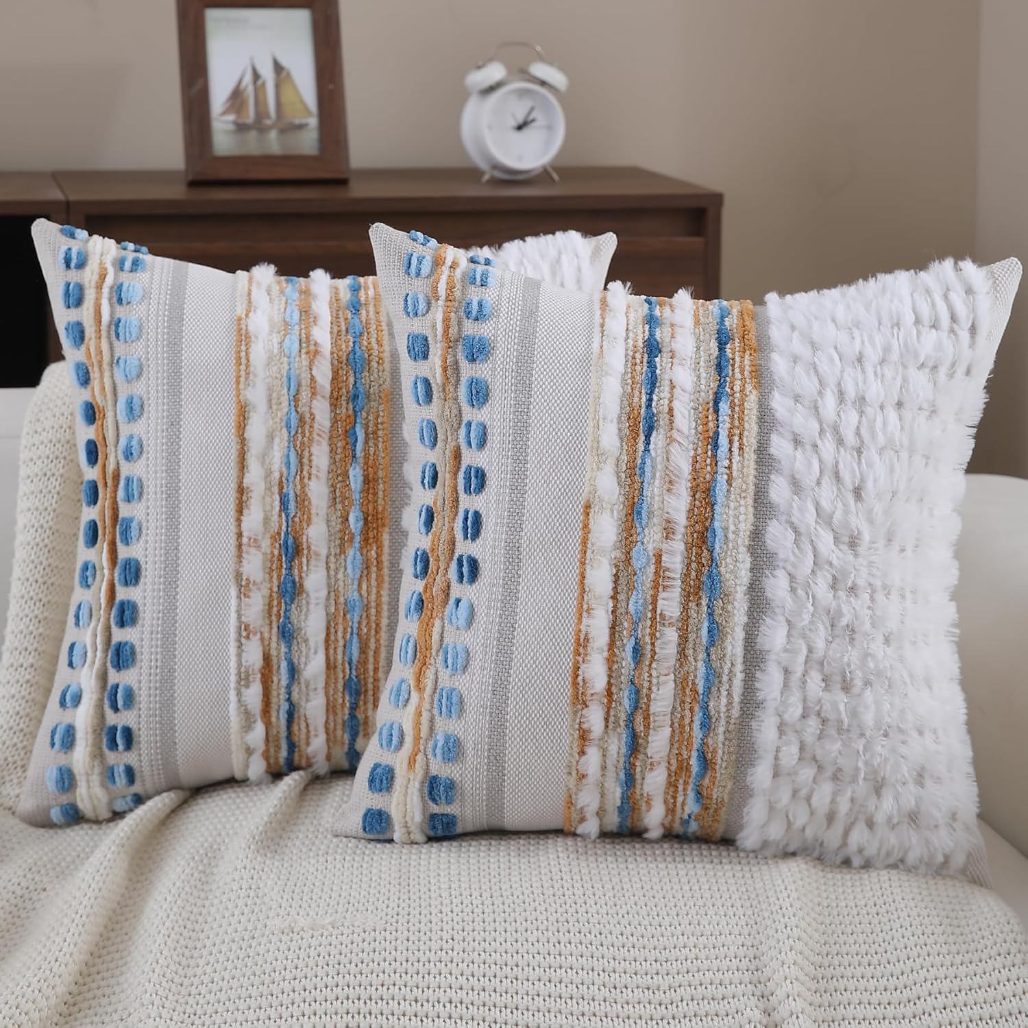 Chenille Boho Black Throw Pillow Cover — 18x18 — Z Camel Blue