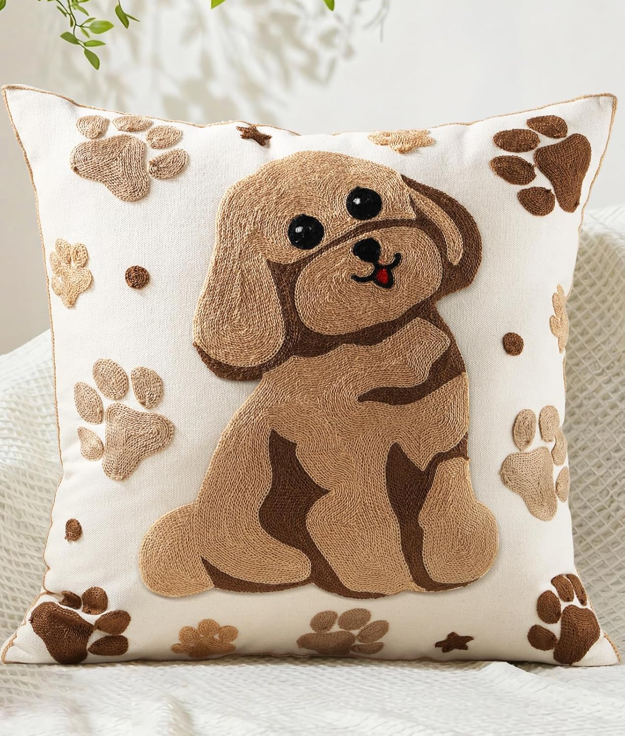 Embroidered Boho Fabric Throw Pillow Cover — 18" — Dog