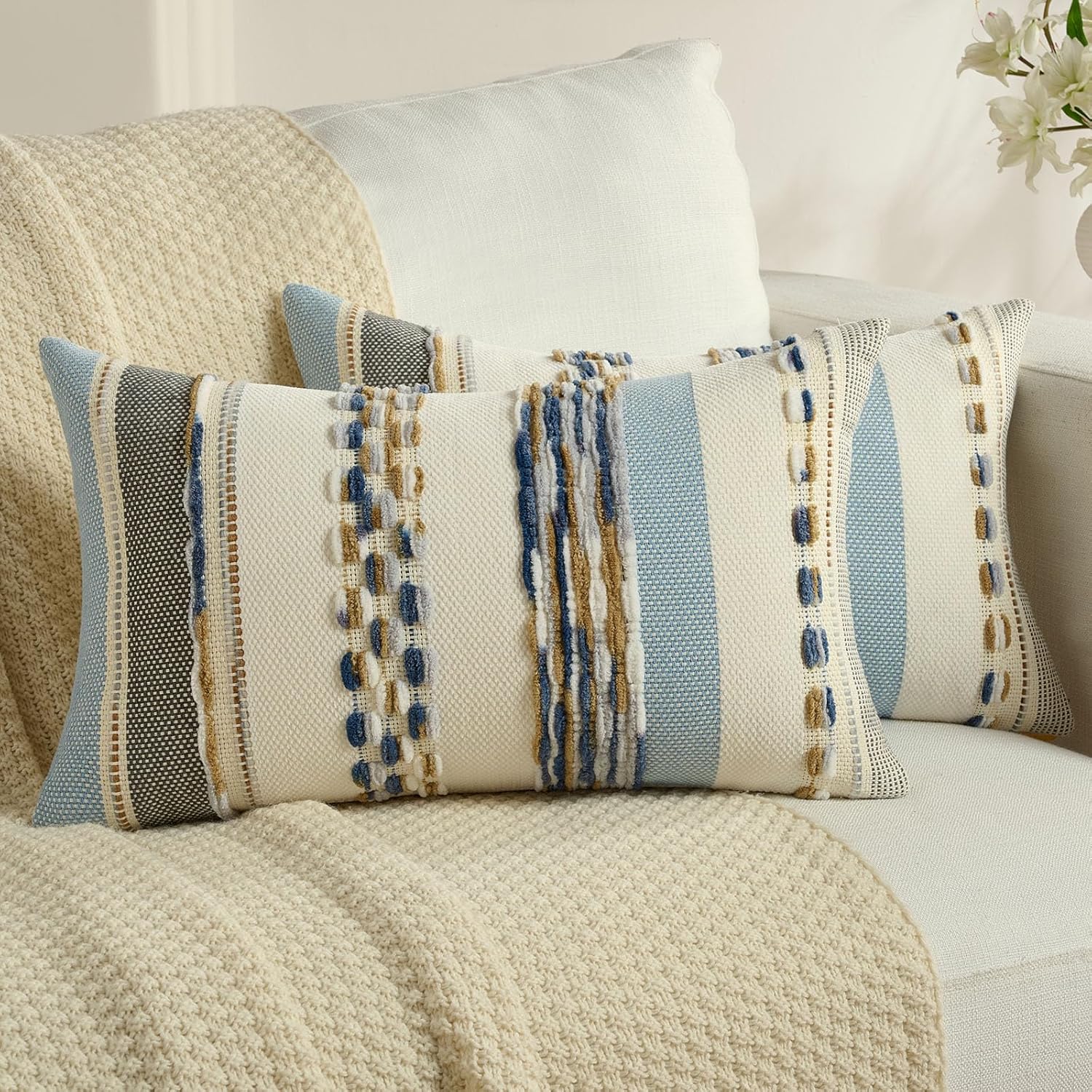 Tufted Boho Beige Throw Pillow Cover — 18" — Navy Brown
