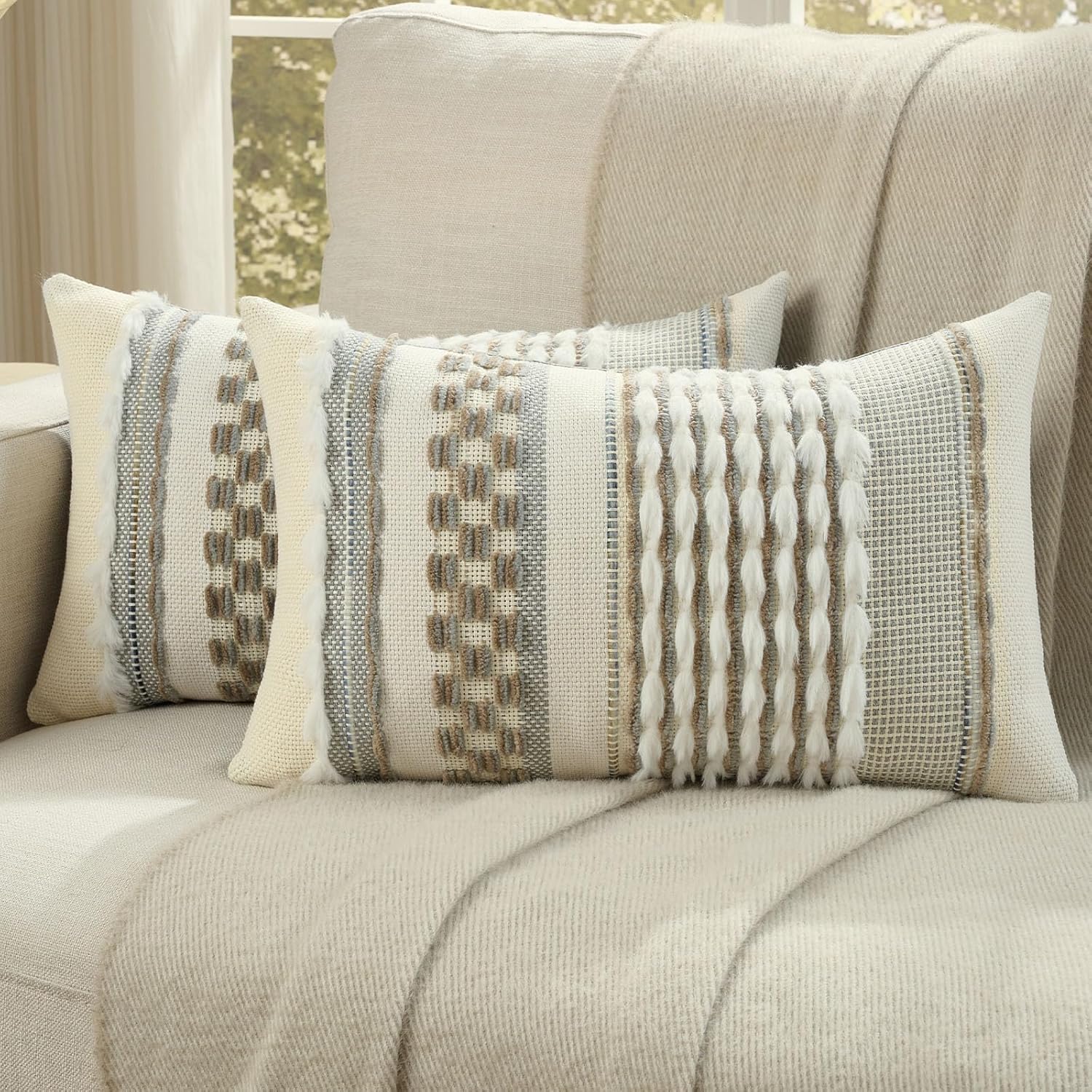 Tufted Boho Beige Throw Pillow Cover — 18" — Grey+brown