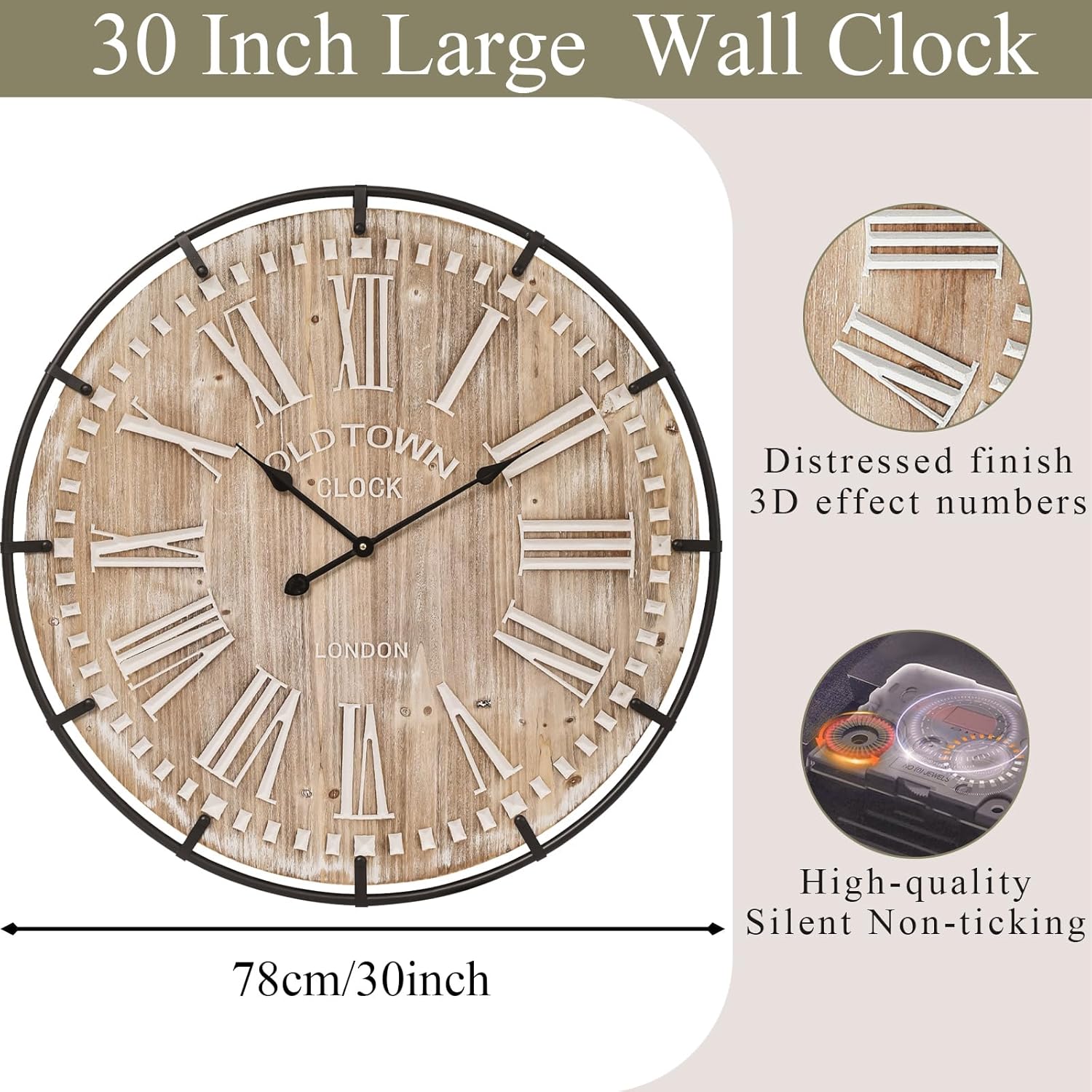 Battery Operated Farmhouse Brown Wall Clock — 30" - View 3