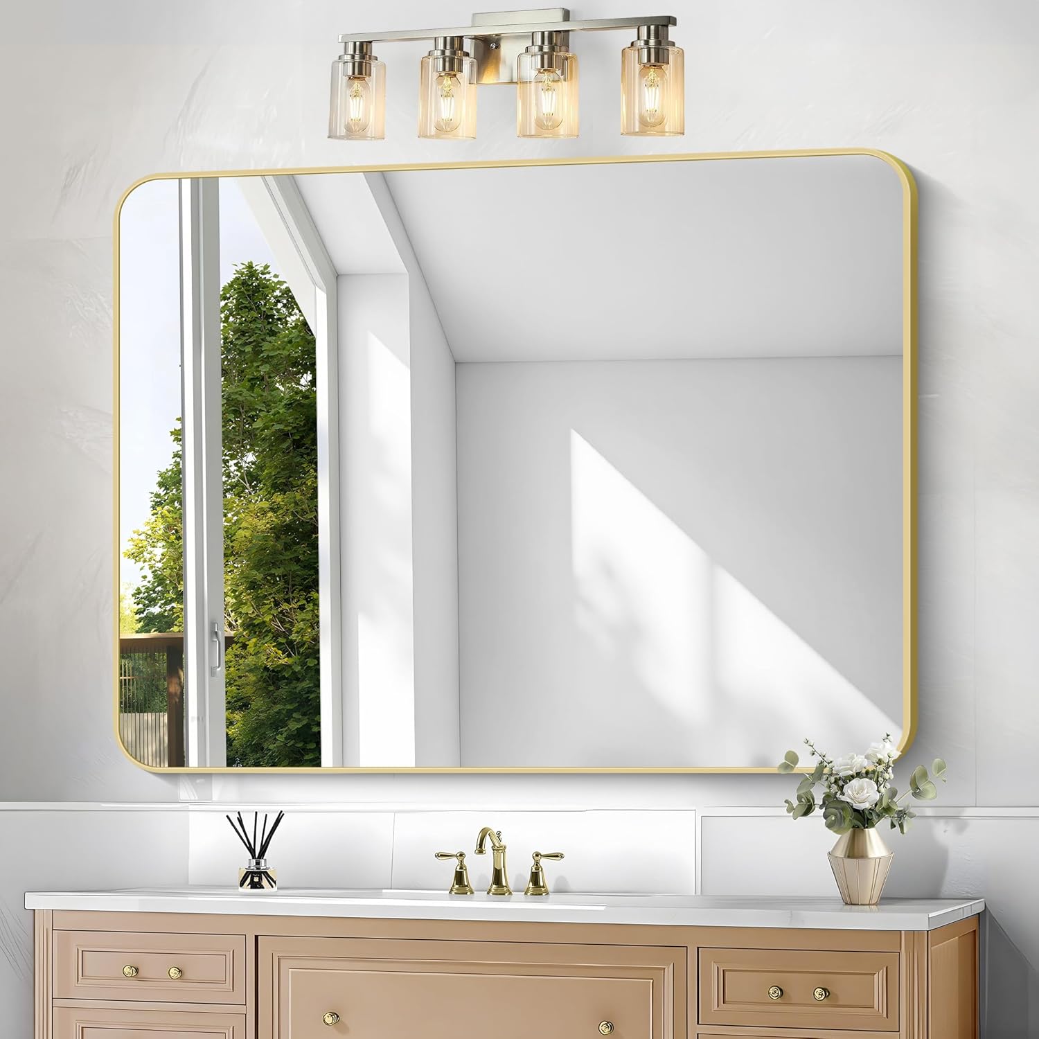 Round Luxe Beige Wall Mirror — 60" — Gold Rounded Rectangle