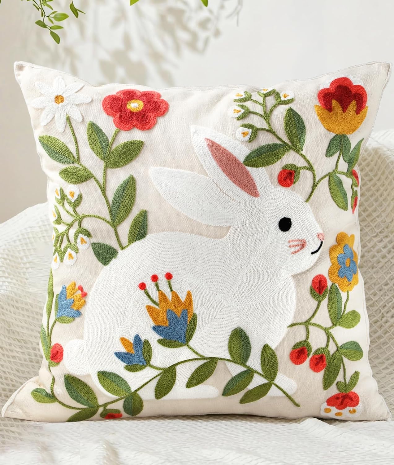 Embroidered Boho Fabric Throw Pillow Cover — 18" — Floral Rabbit