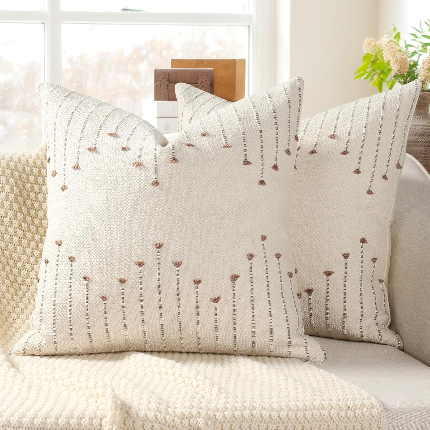 Tufted Boho Beige Throw Pillow Cover — 18" — Khaki